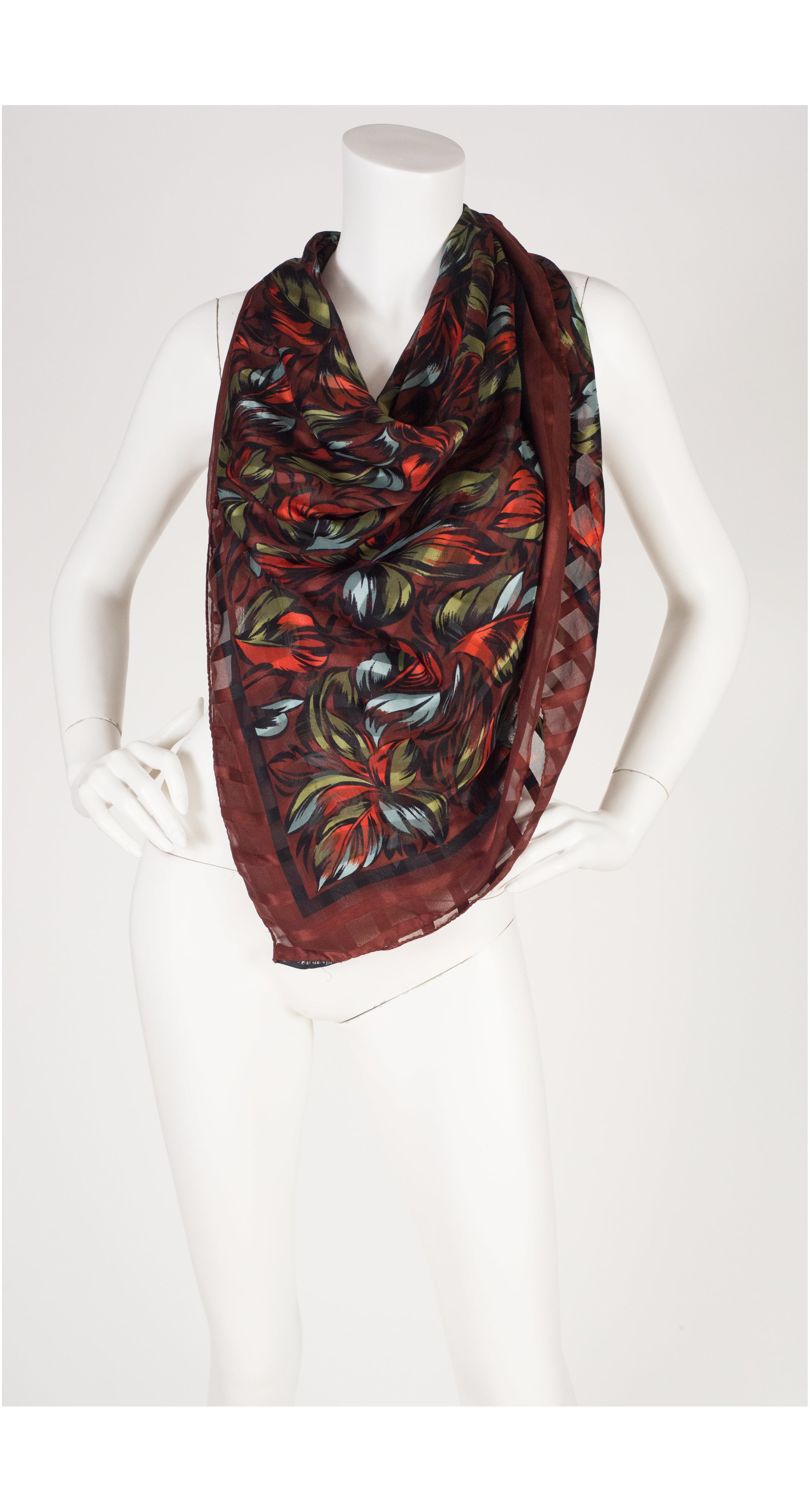 1980s Brown Leaf Print Silk Chiffon Shawl