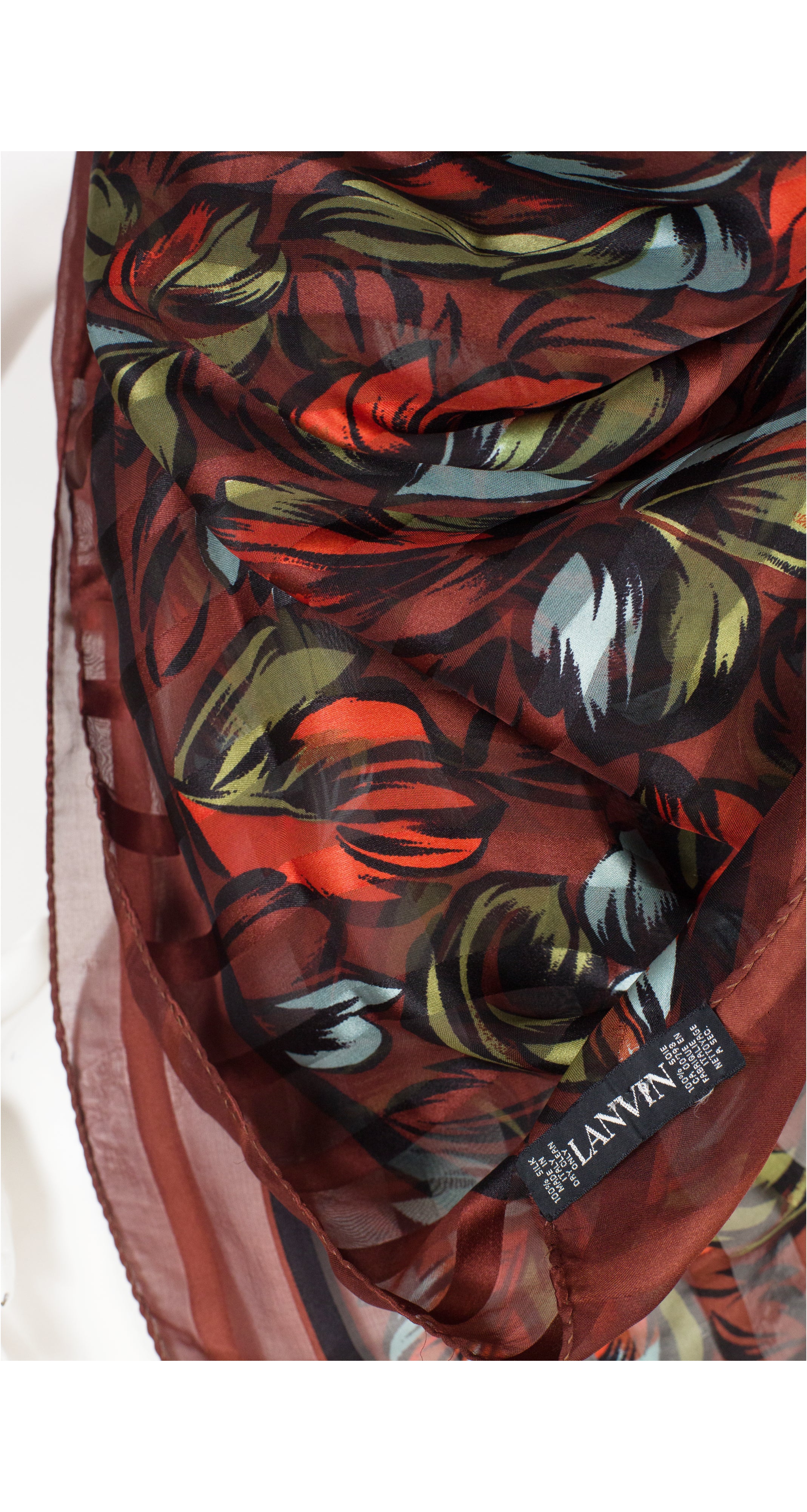 1980s Brown Leaf Print Silk Chiffon Shawl