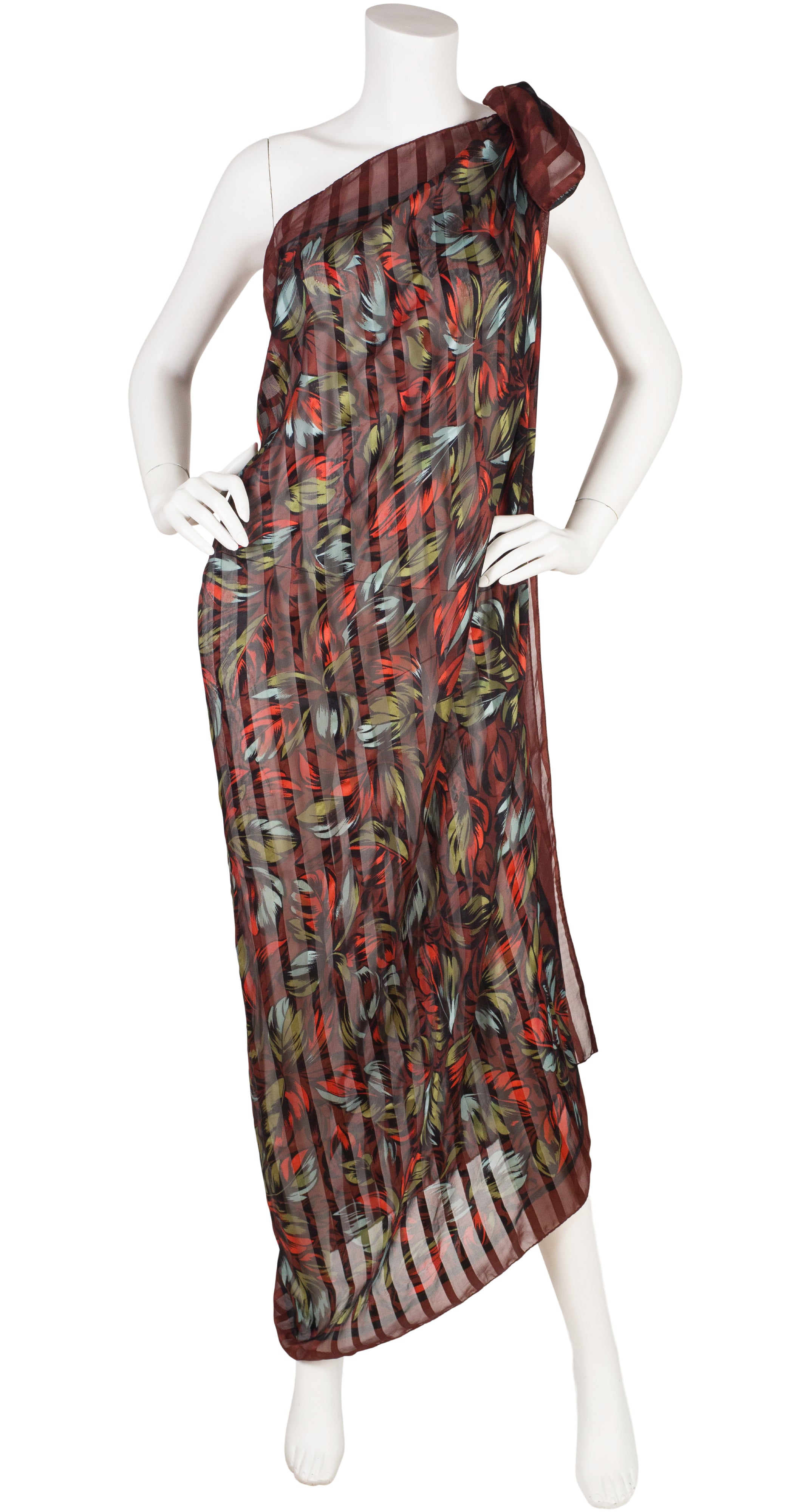 1980s Brown Leaf Print Silk Chiffon Shawl