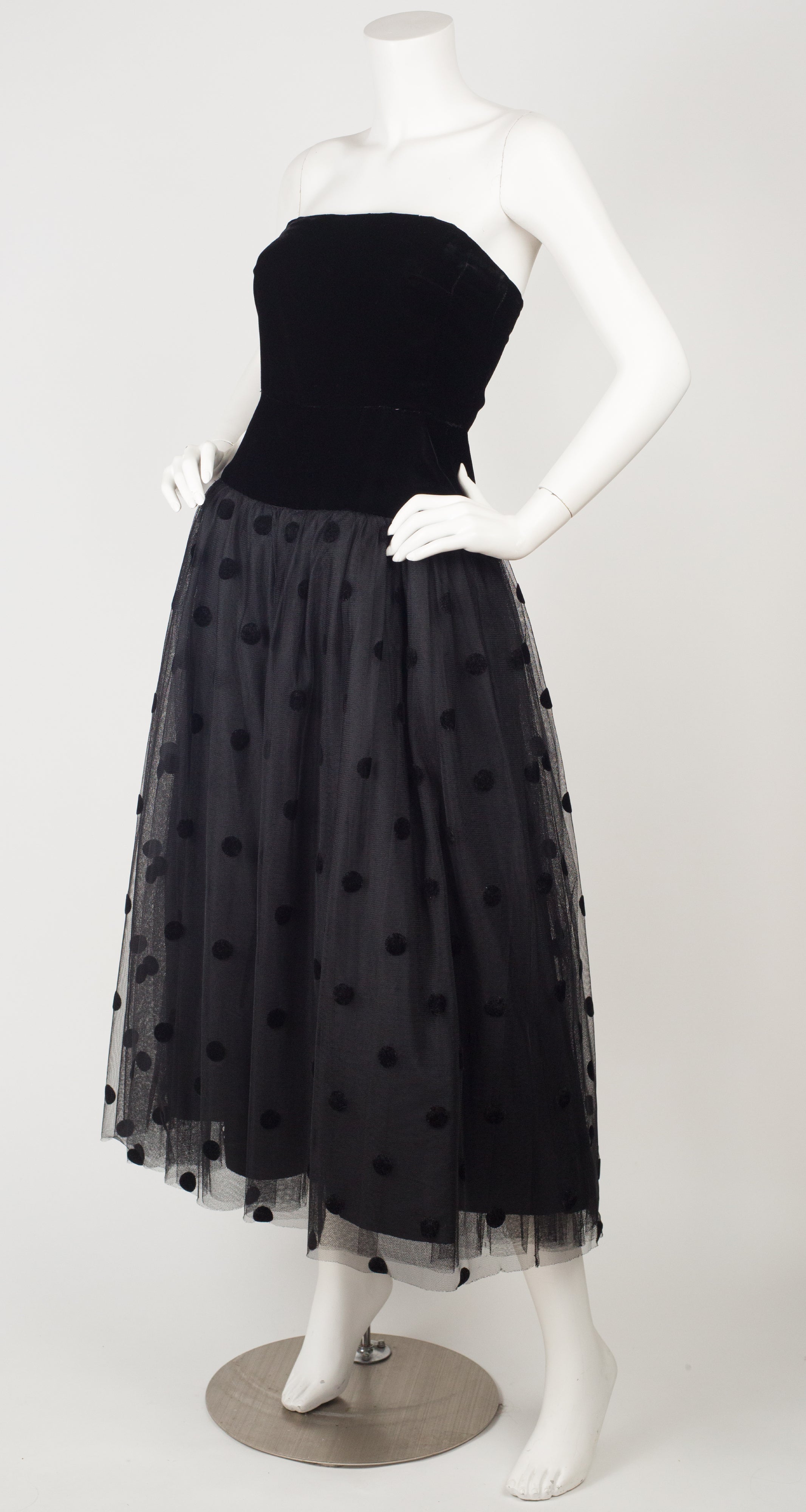 1980s Ballerina Black Tulle & Velvet Strapless Evening Dress