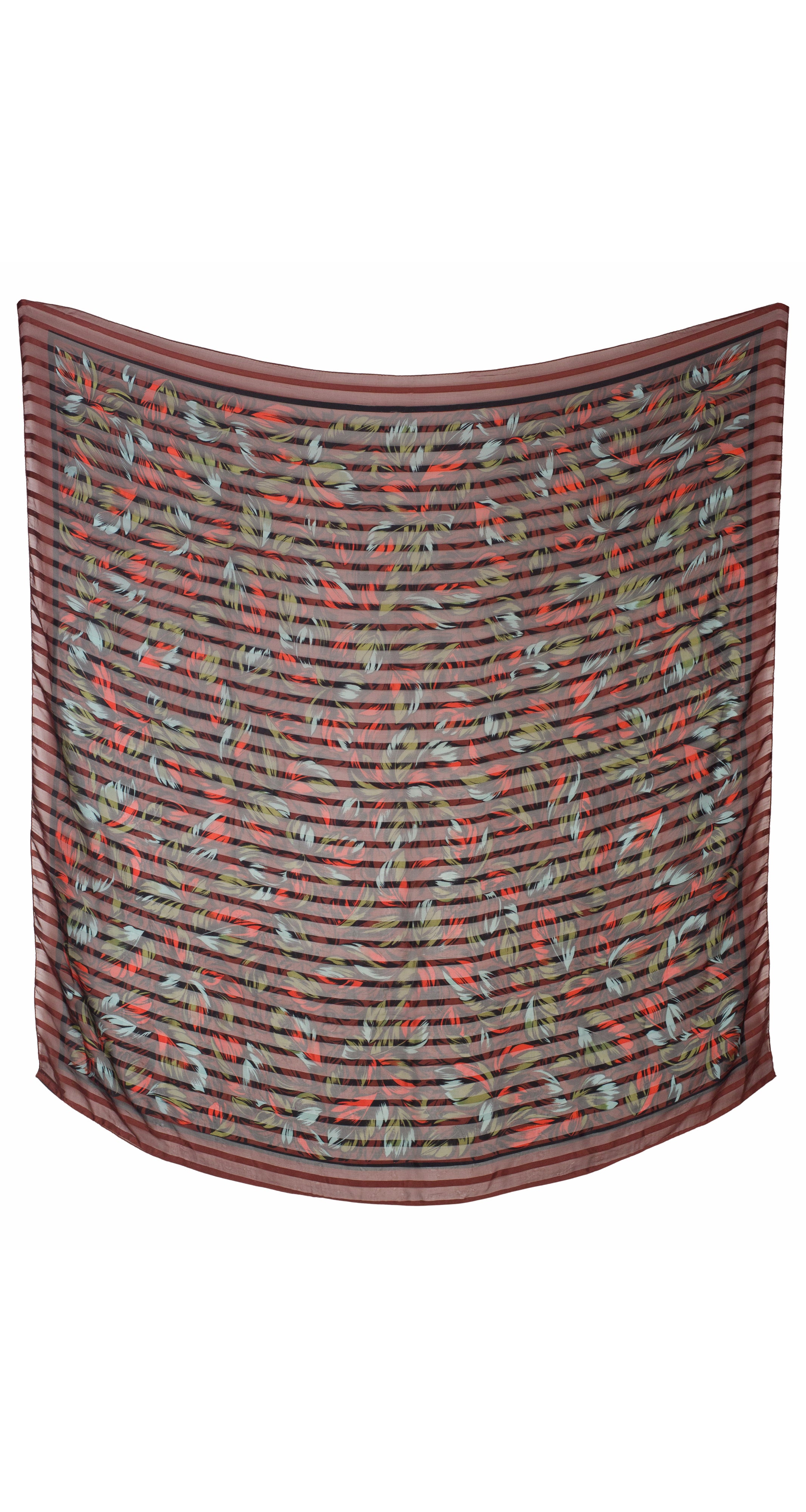 1980s Brown Leaf Print Silk Chiffon Shawl