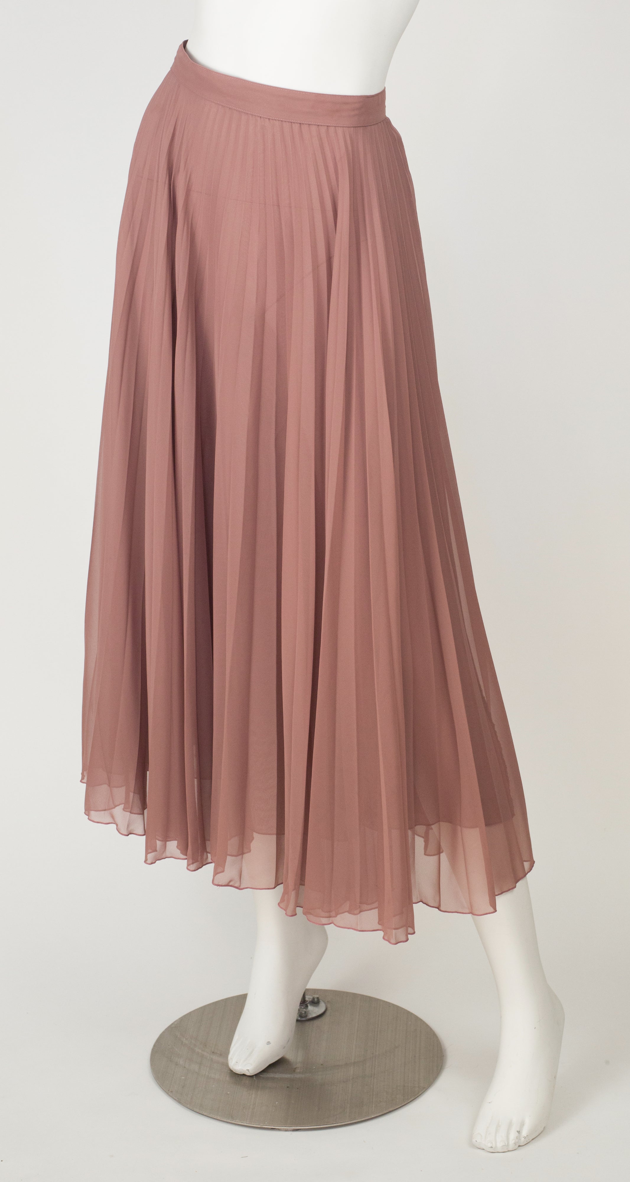 1990s Blush Pleated Chiffon Midi Skirt