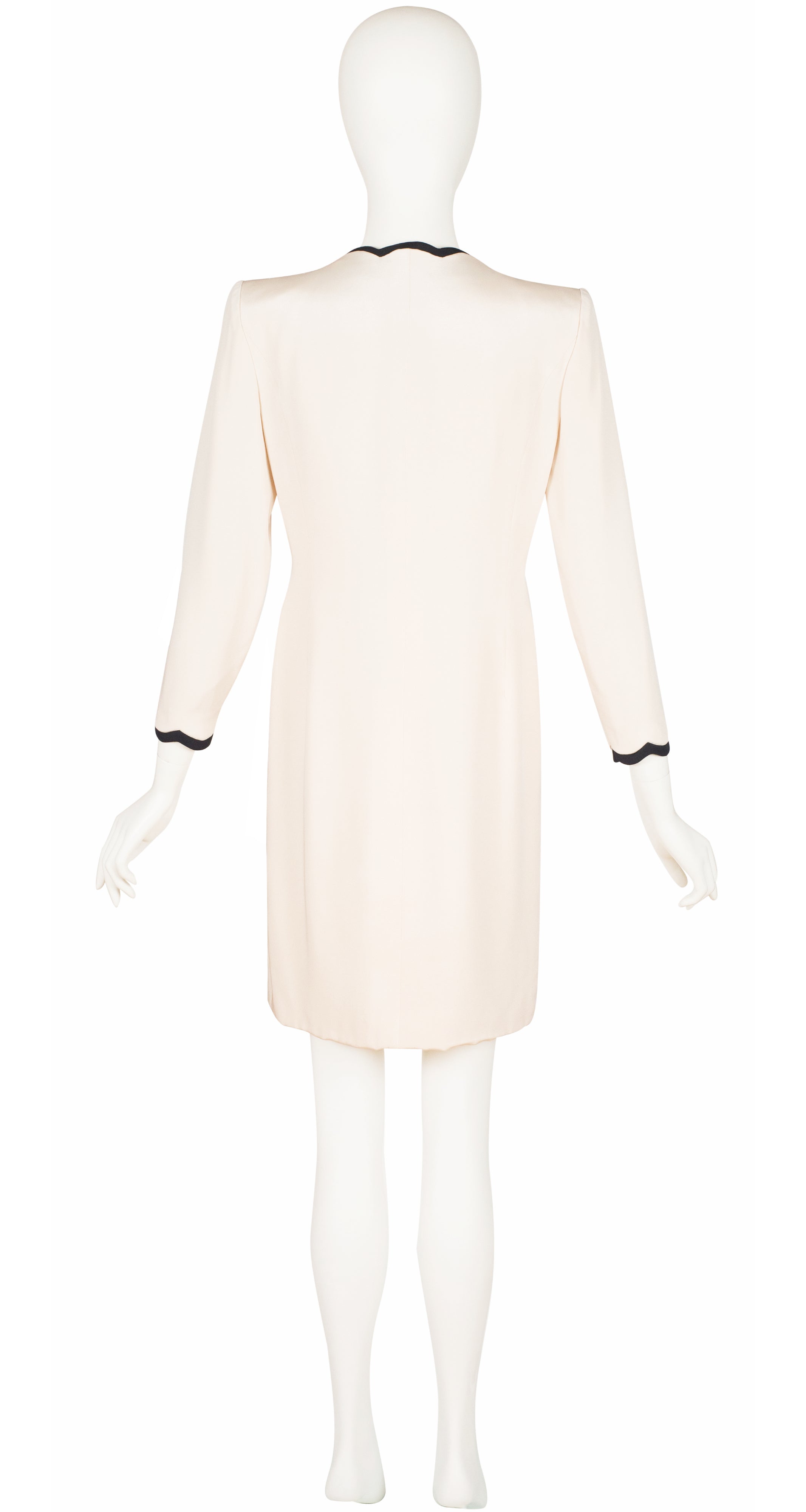 1980s Cream & Black Silk Crepe Scalloped Trim Dress Coat