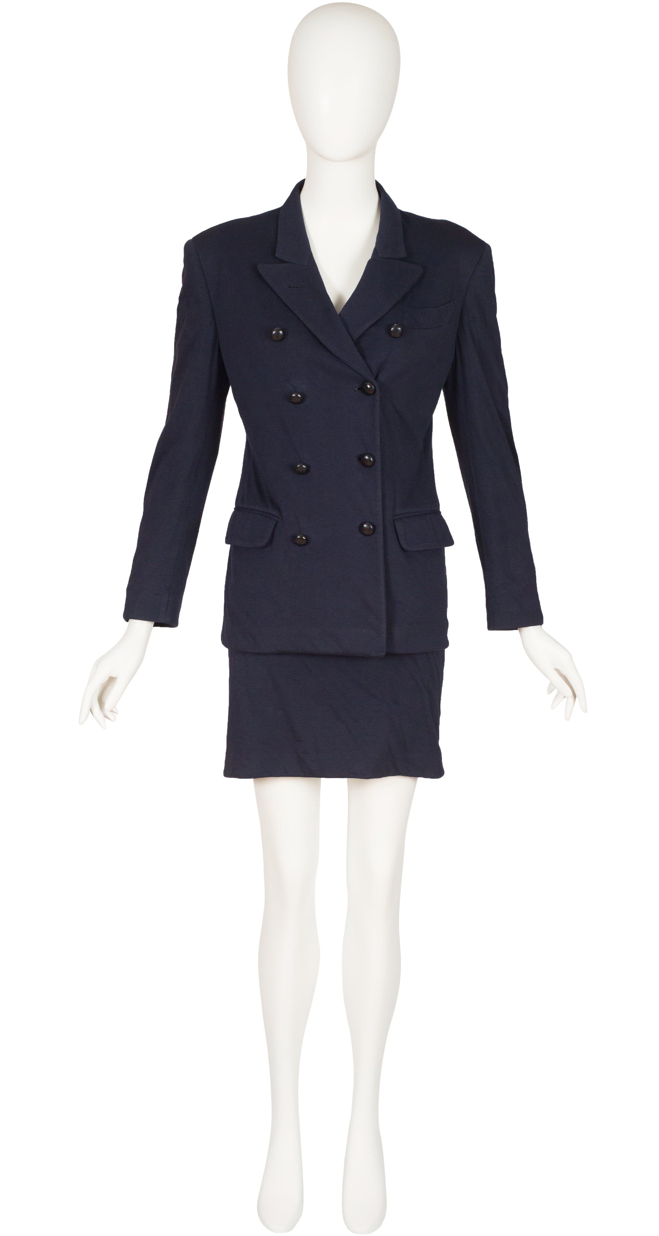 1980s Fur Collar Navy Cotton Jersey Skirt Suit