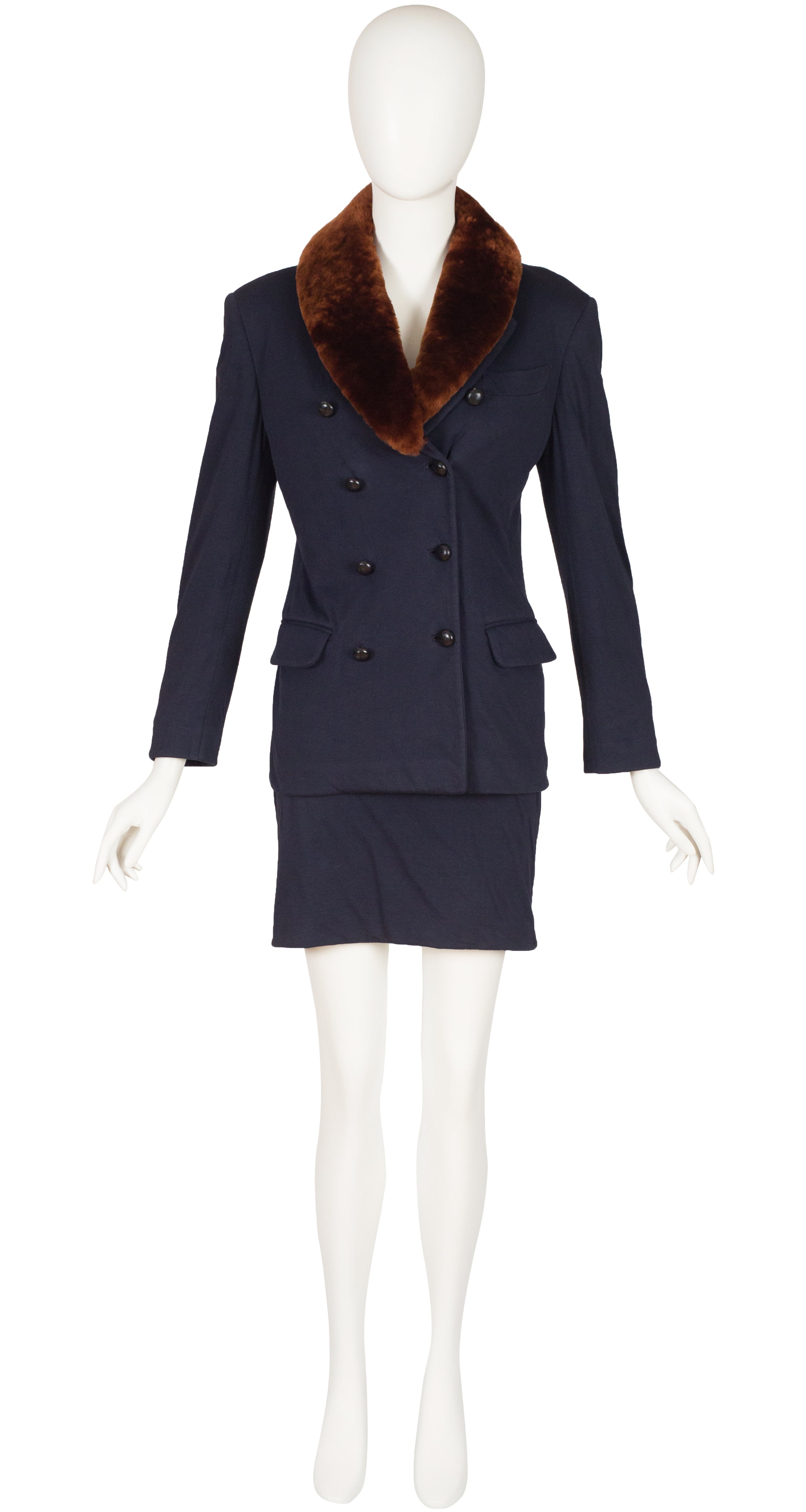 1980s Fur Collar Navy Cotton Jersey Skirt Suit