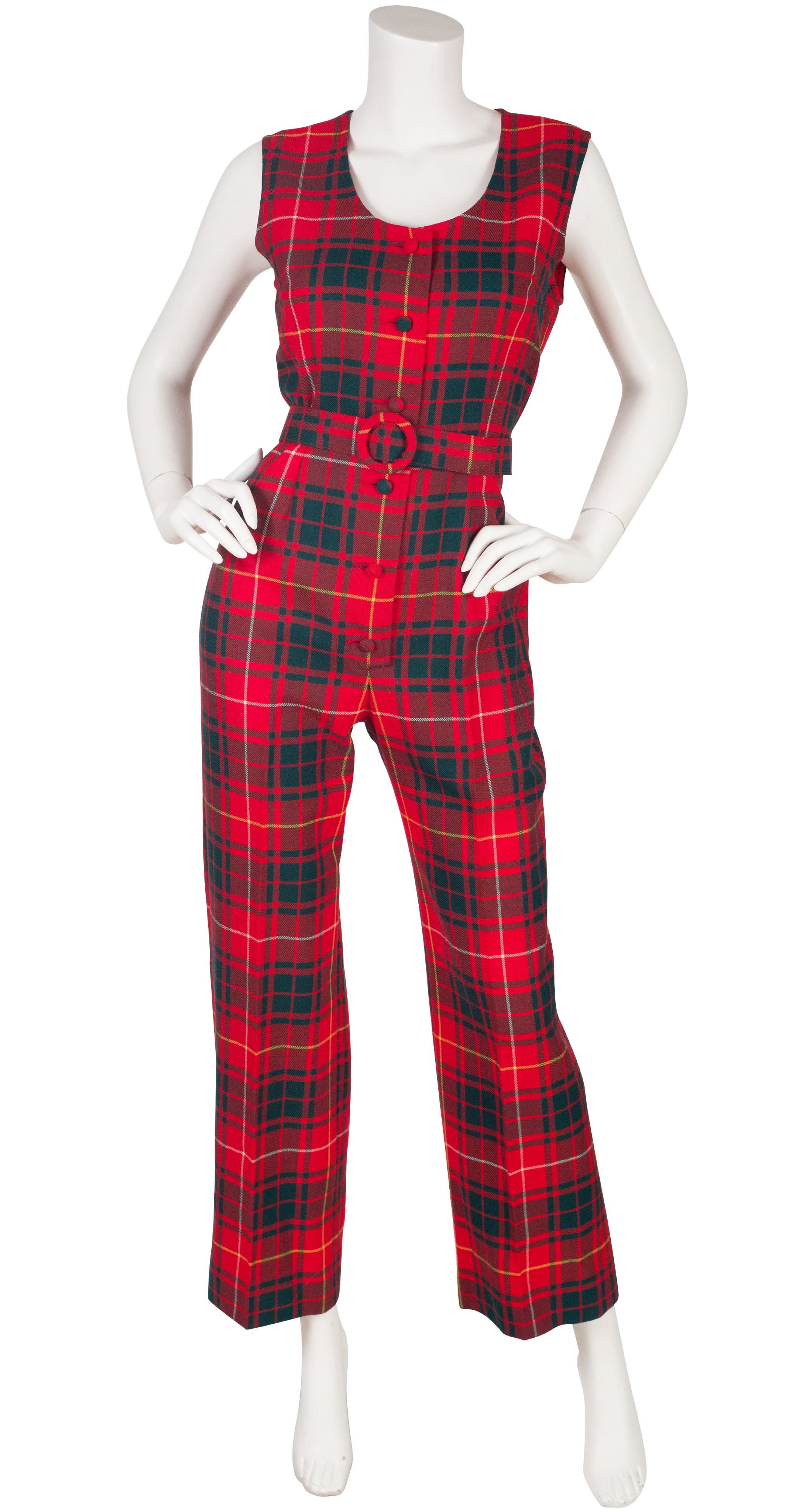 1970s Red Plaid Wool Sleeveless Jumpsuit