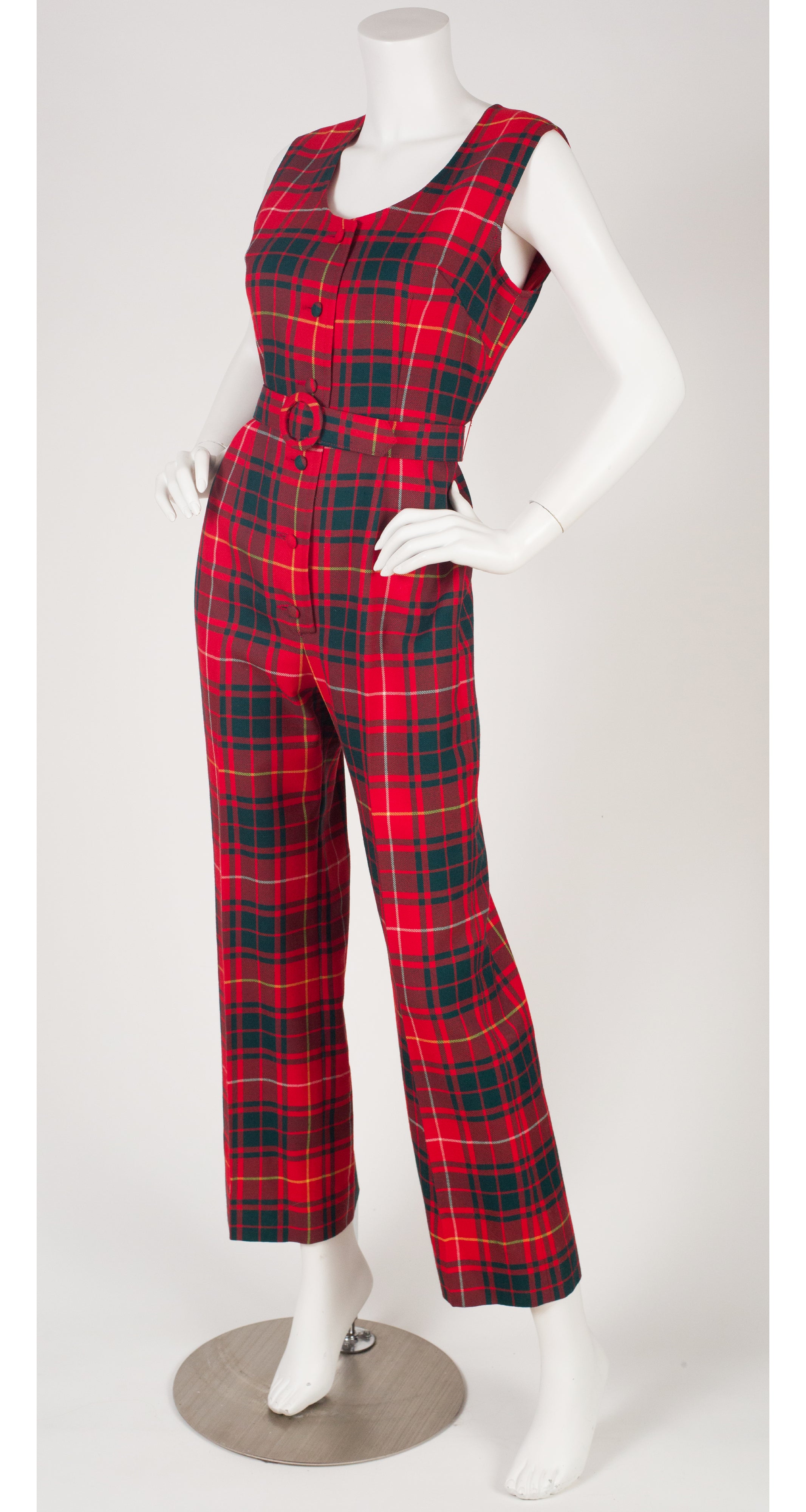 1970s Red Plaid Wool Sleeveless Jumpsuit