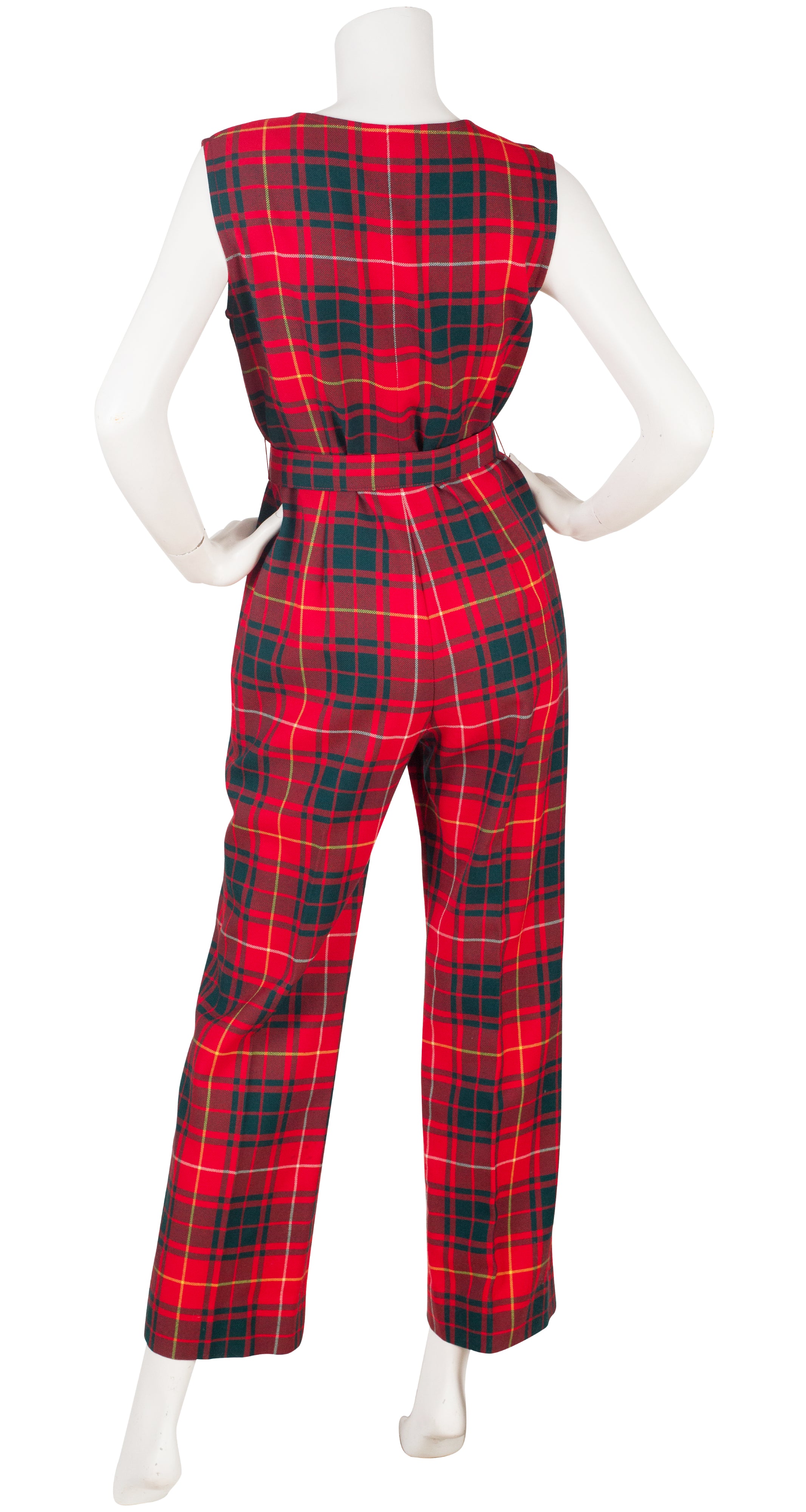 1970s Red Plaid Wool Sleeveless Jumpsuit