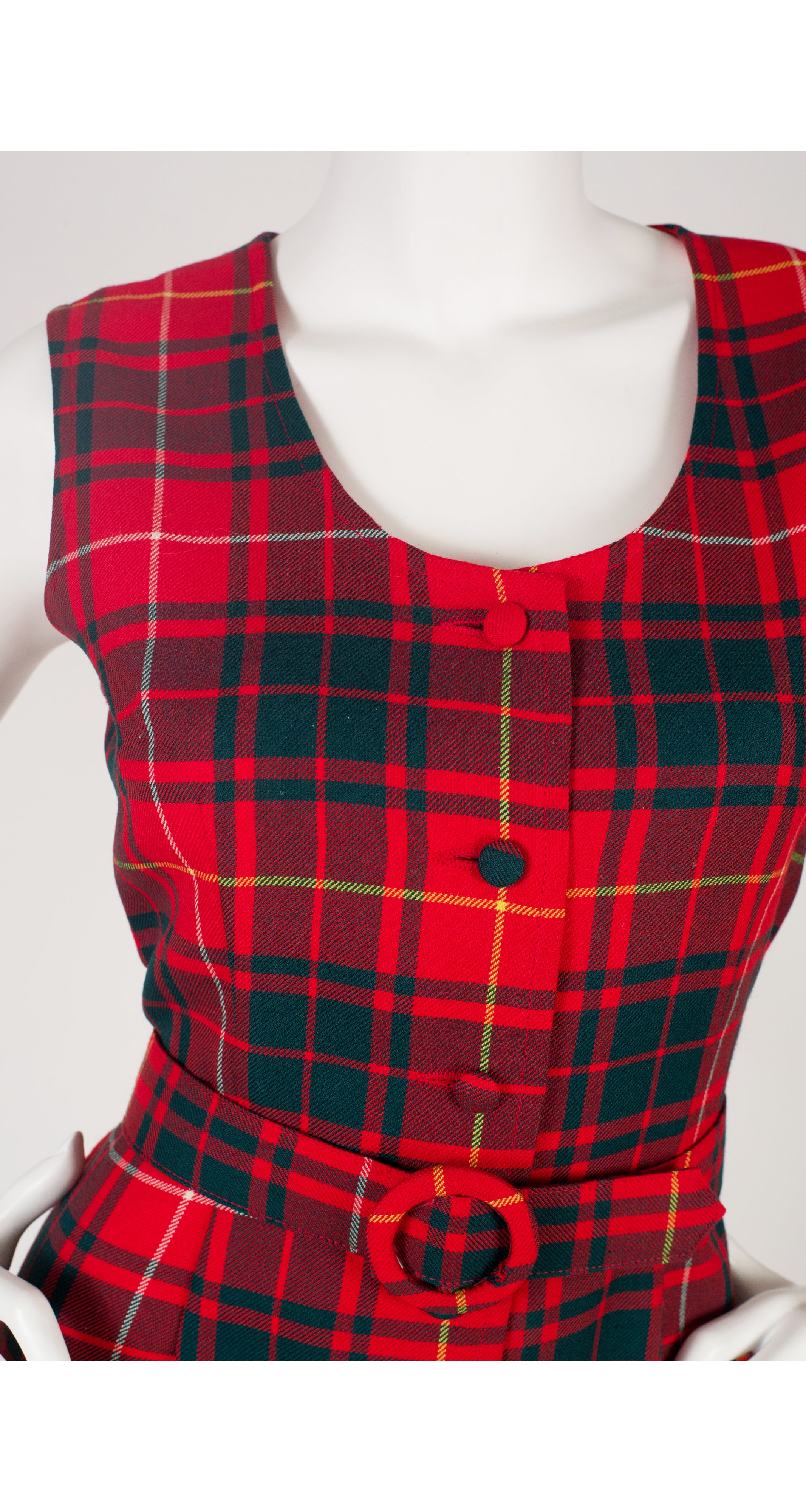 1970s Red Plaid Wool Sleeveless Jumpsuit