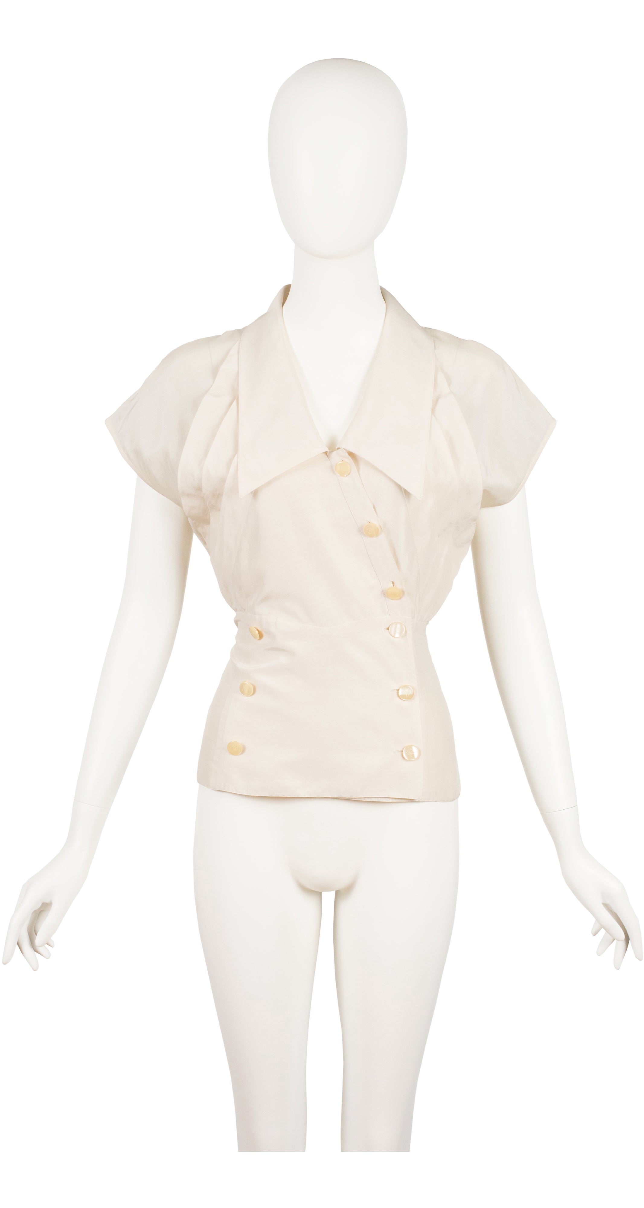 1980s Cream Silk Pleated Short Sleeve Blouse