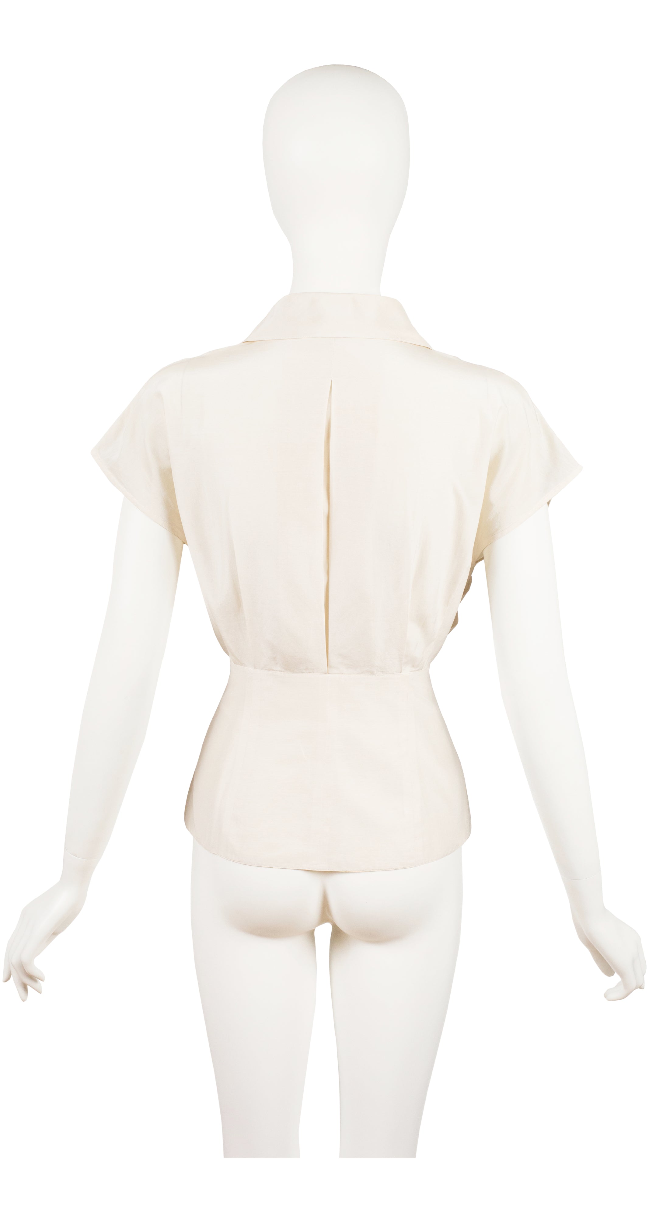 1980s Cream Silk Pleated Short Sleeve Blouse