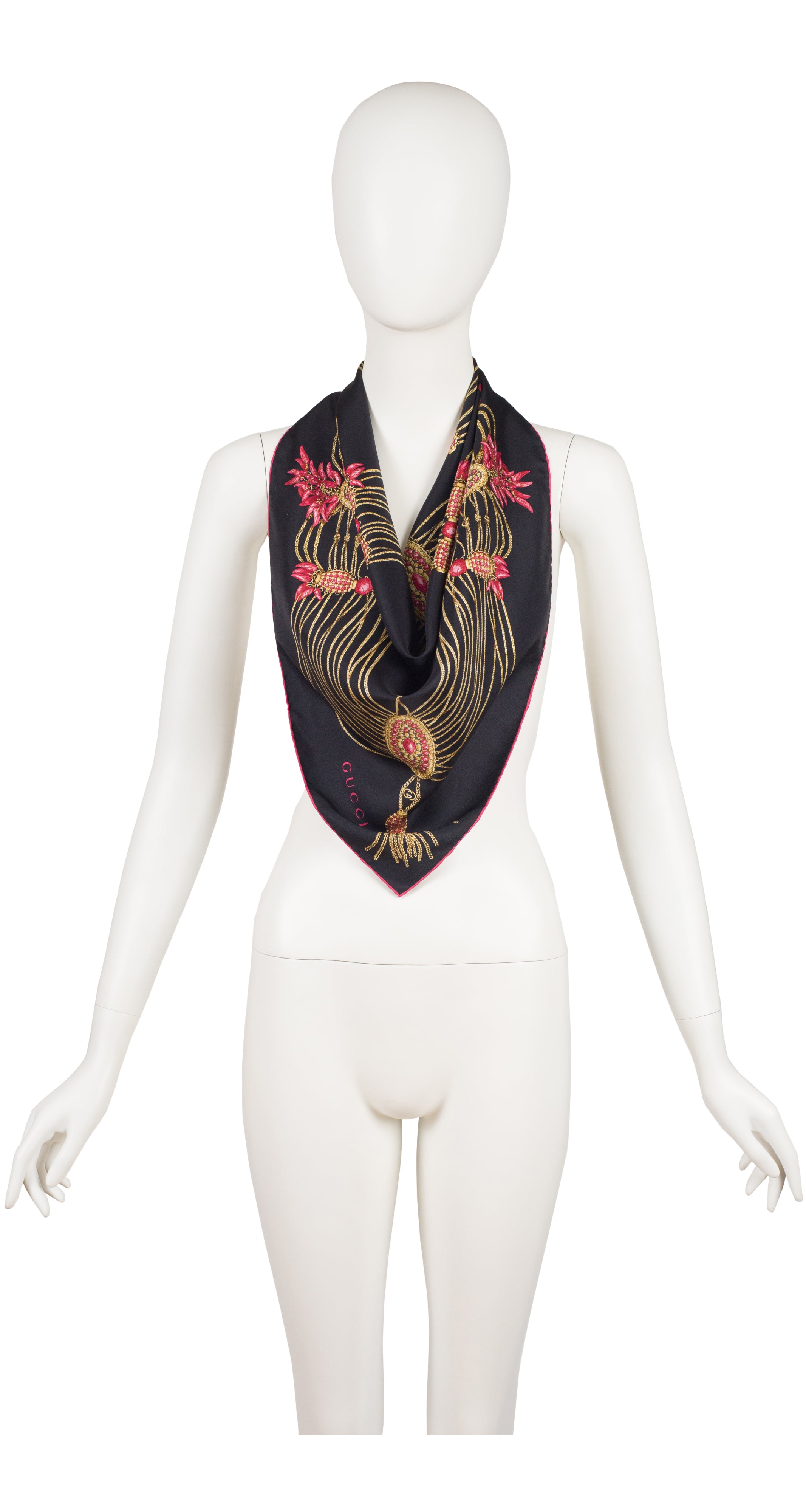 2000s Gold Jewelry Print Black Silk Twill Scarf