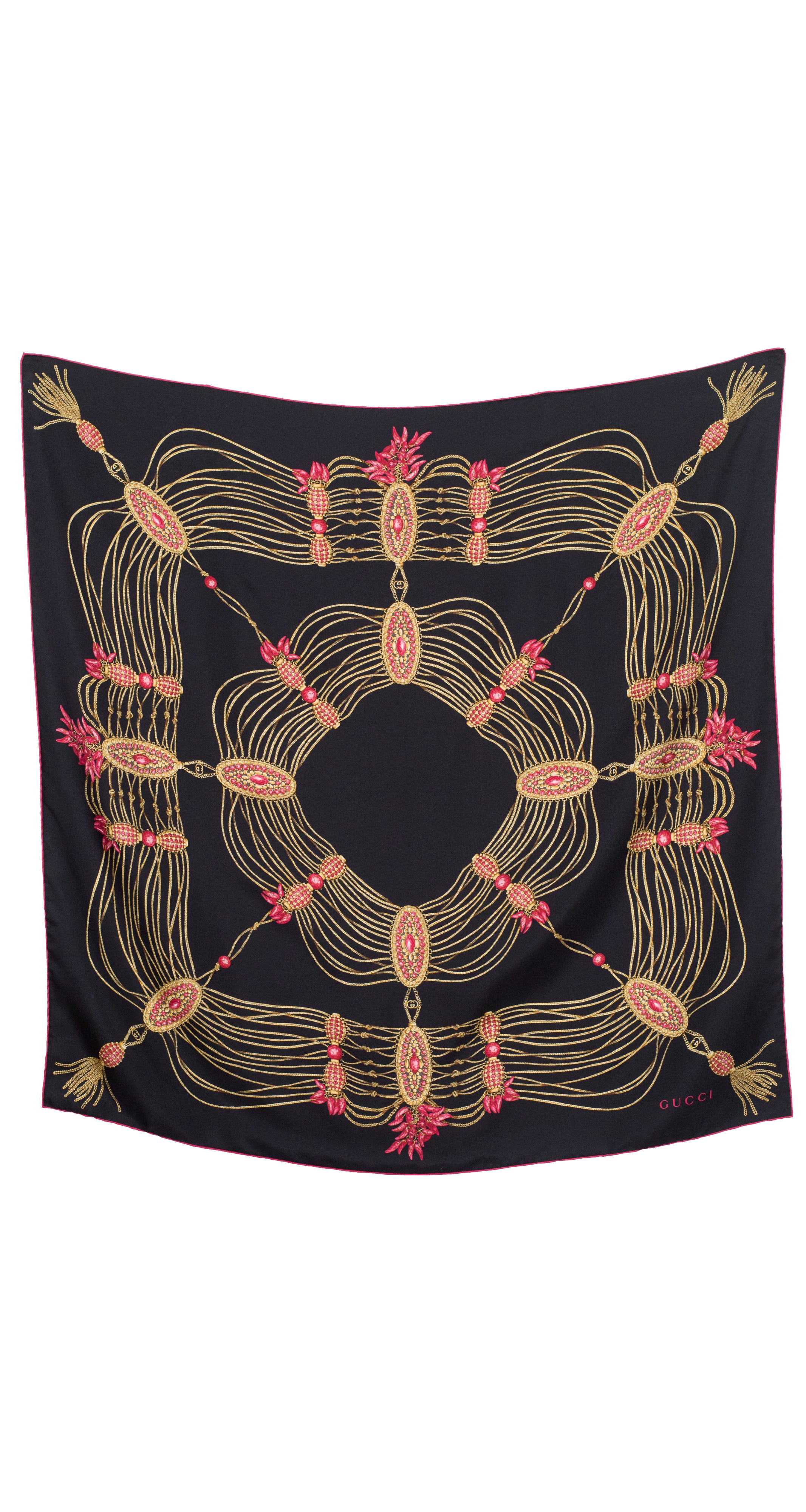 2000s Gold Jewelry Print Black Silk Twill Scarf