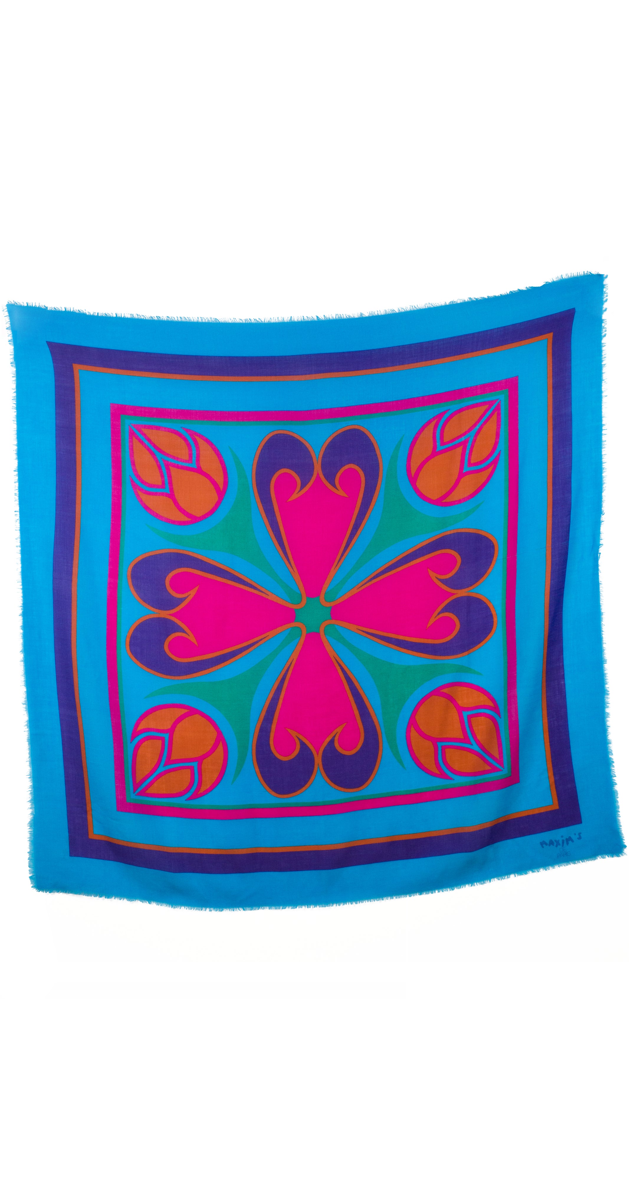 1970s Huge Geometric Floral Blue Wool Shawl