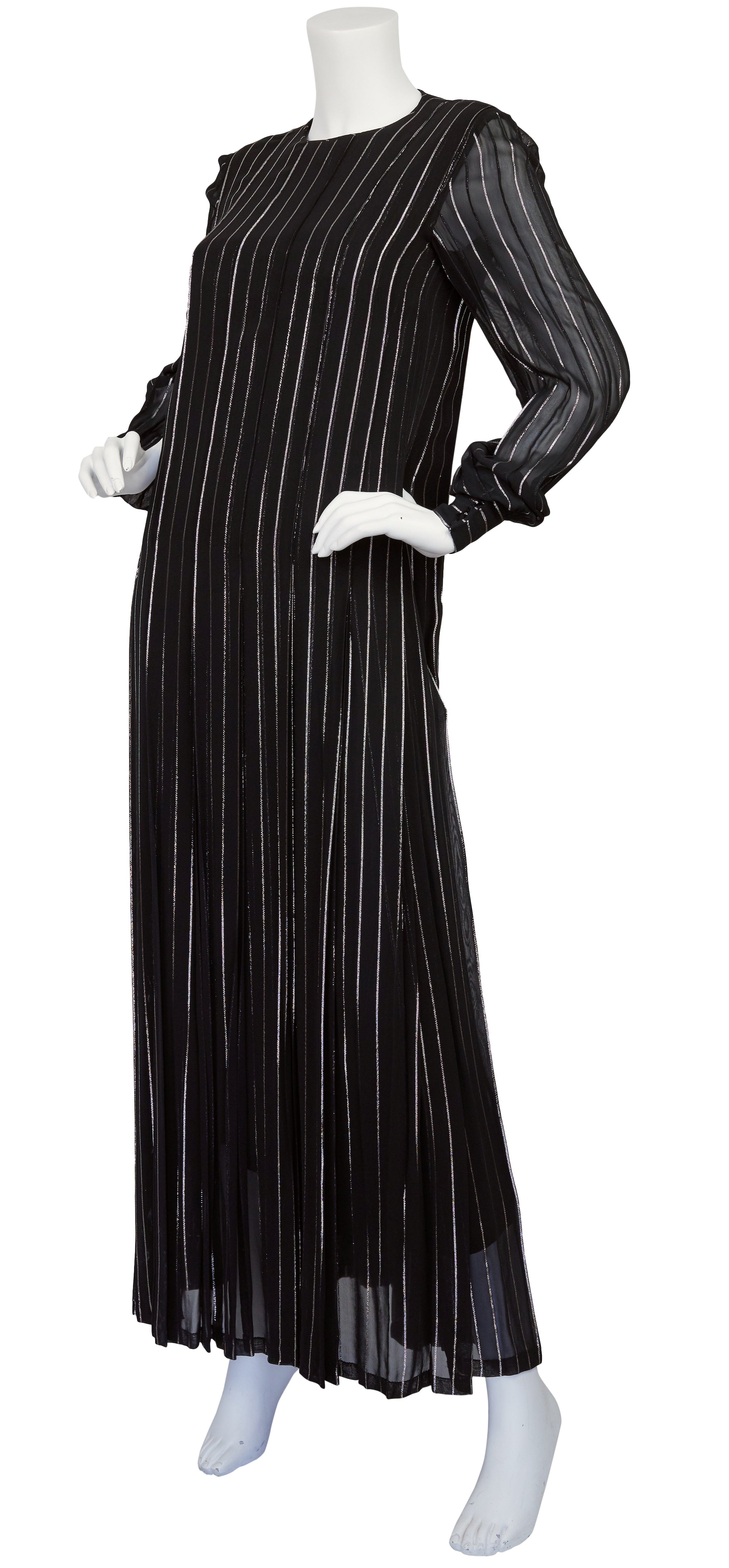 1970s Silver Metallic Black Chiffon Pleated Gown