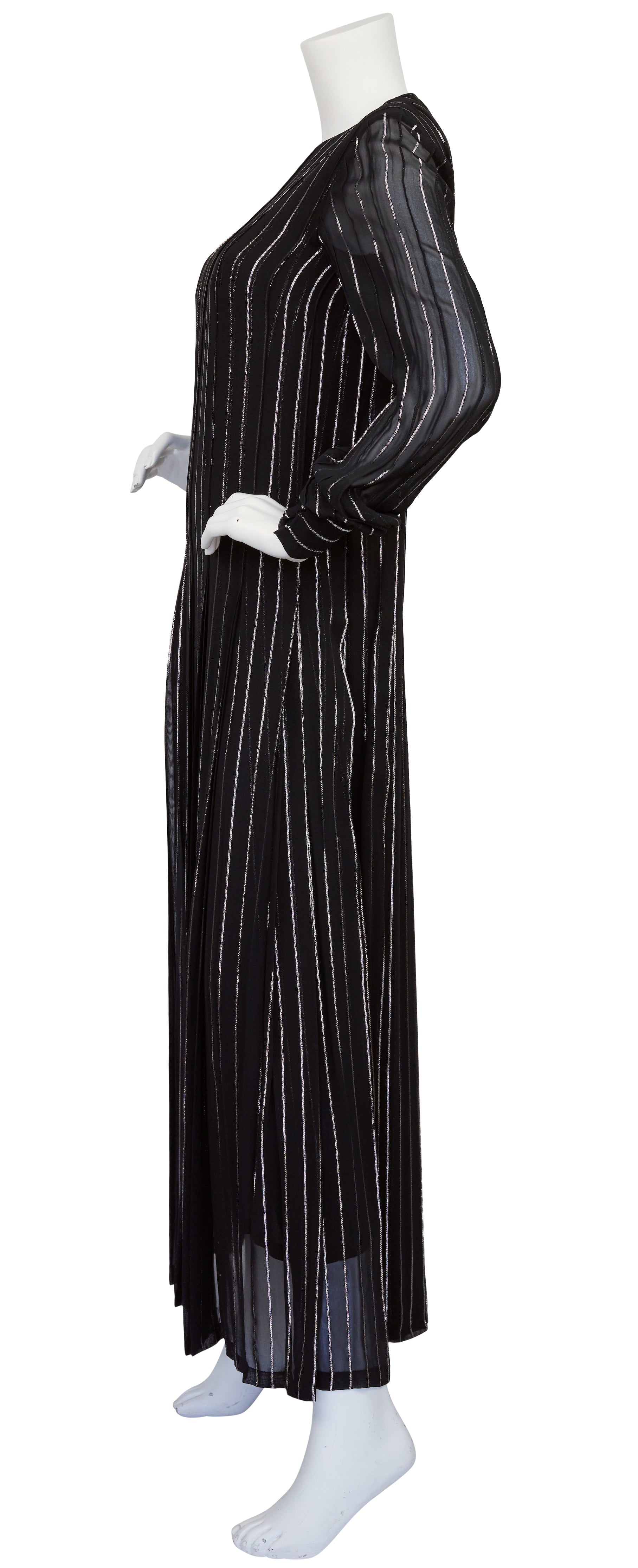 1970s Silver Metallic Black Chiffon Pleated Gown