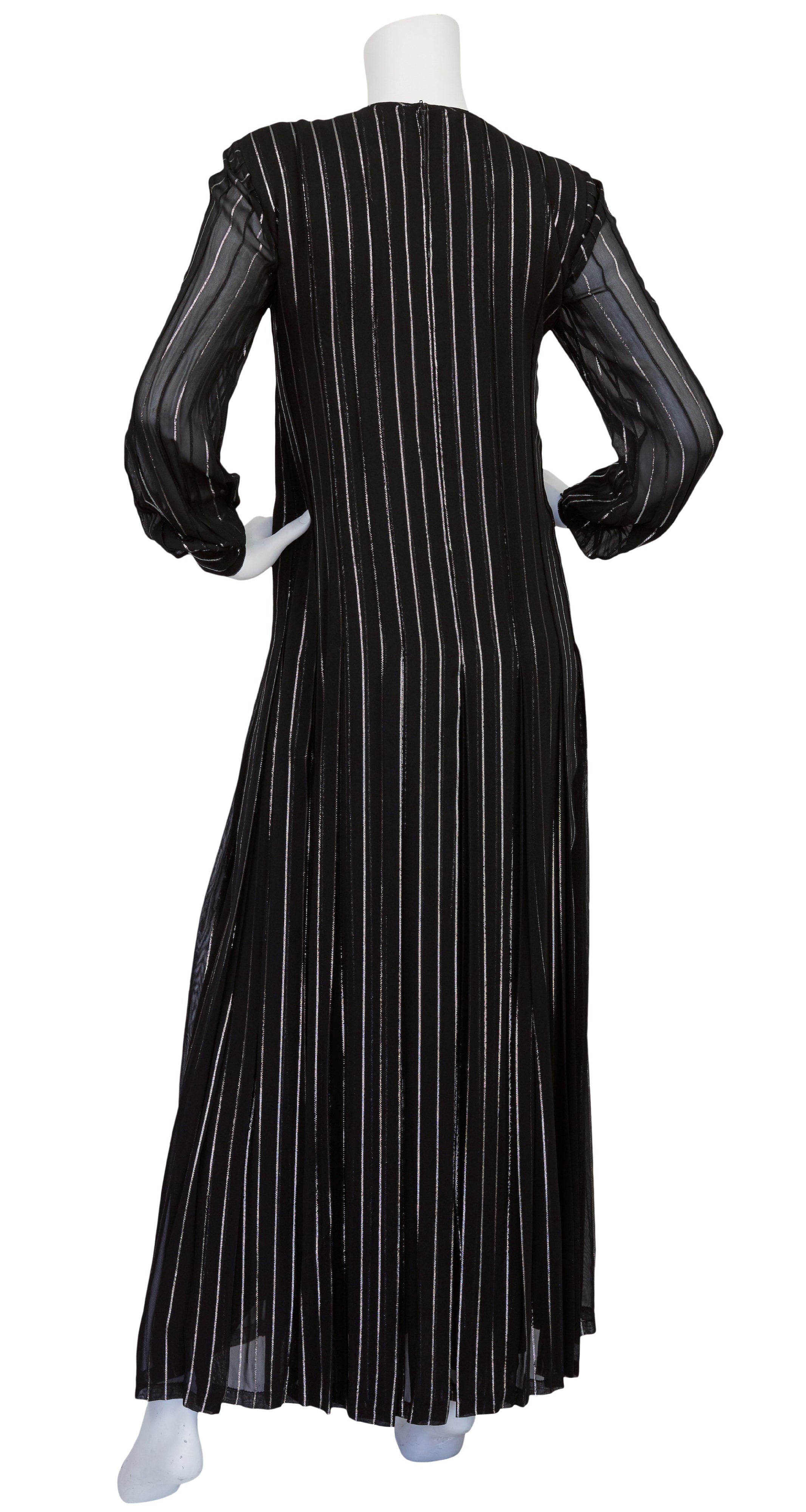 1970s Silver Metallic Black Chiffon Pleated Gown