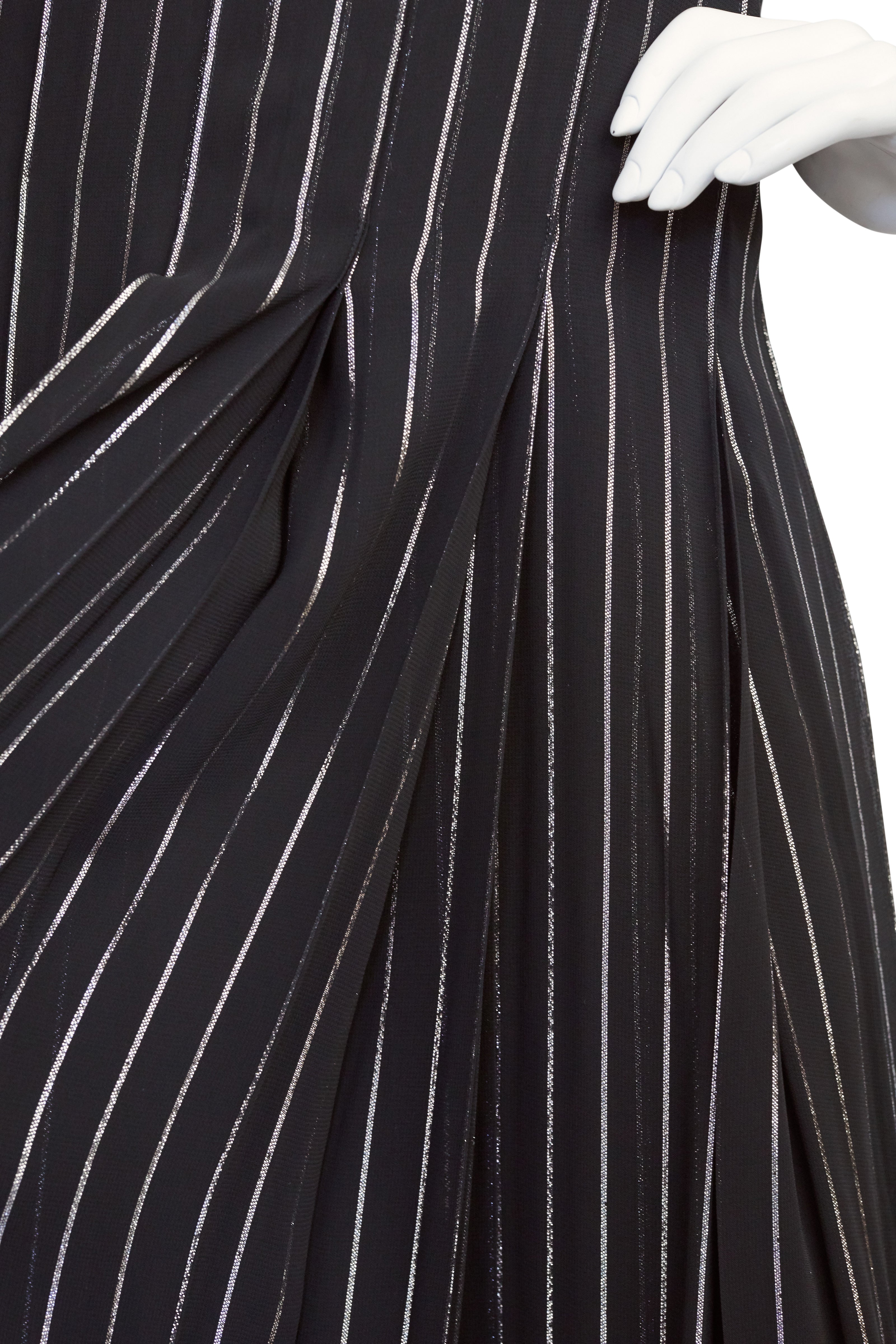 1970s Silver Metallic Black Chiffon Pleated Gown