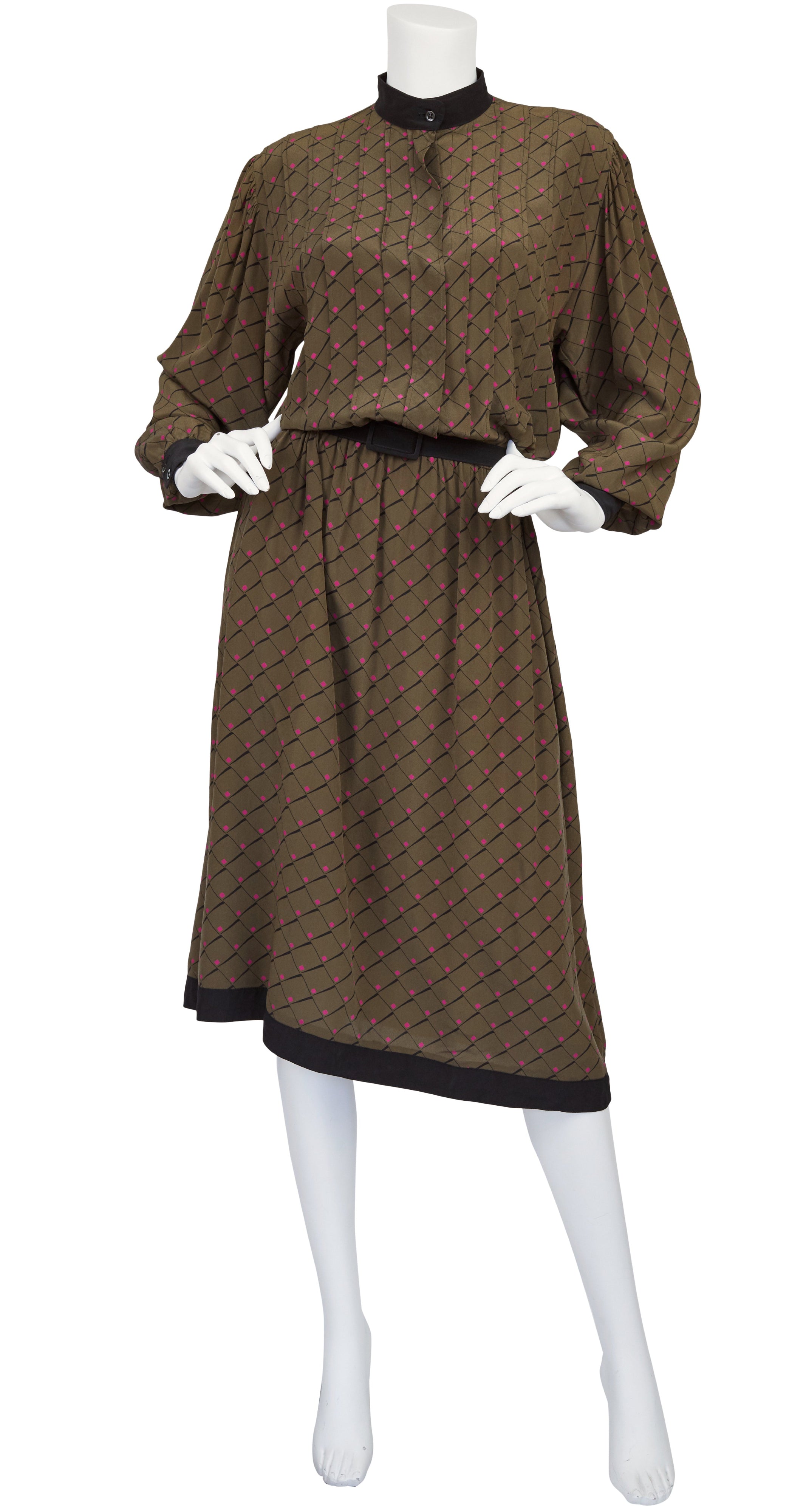 1970s Brown Graphic Silk Dolman Sleeve Shirt Dress