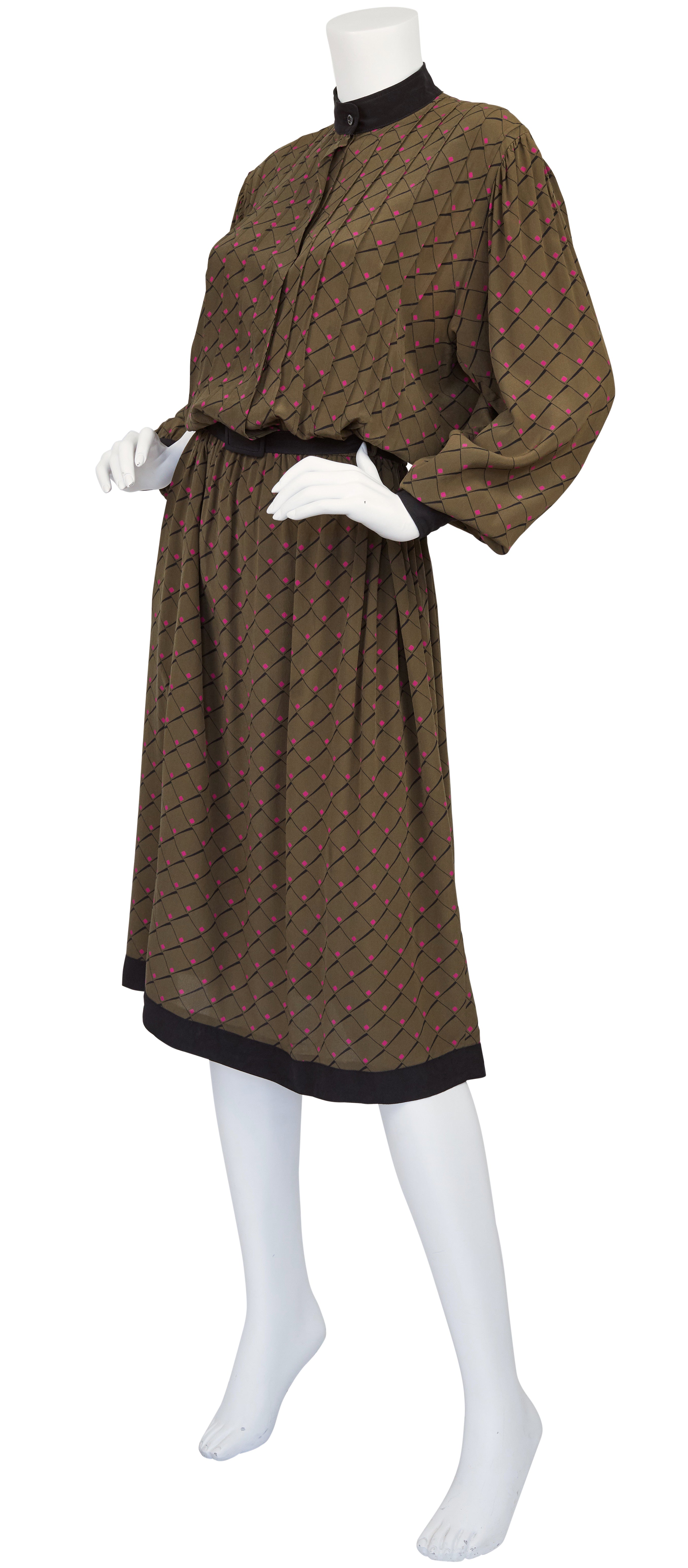 1970s Brown Graphic Silk Dolman Sleeve Shirt Dress