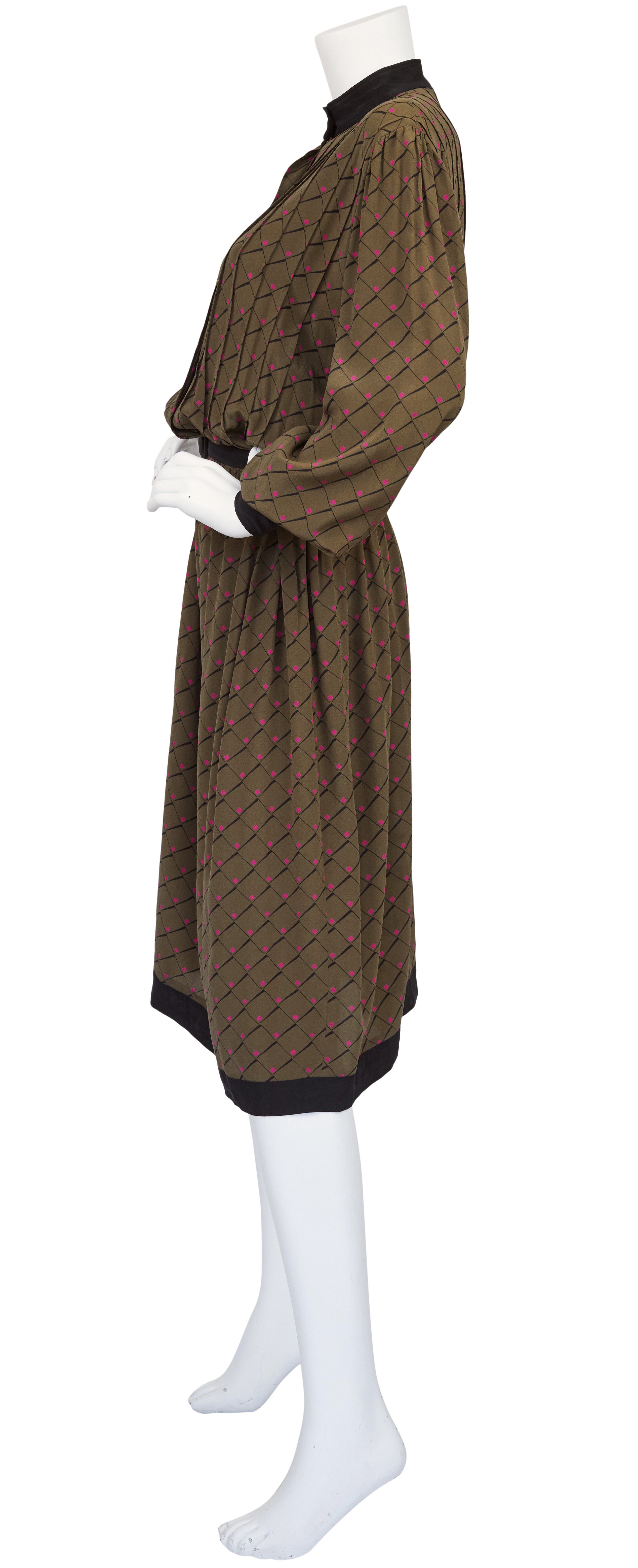 1970s Brown Graphic Silk Dolman Sleeve Shirt Dress