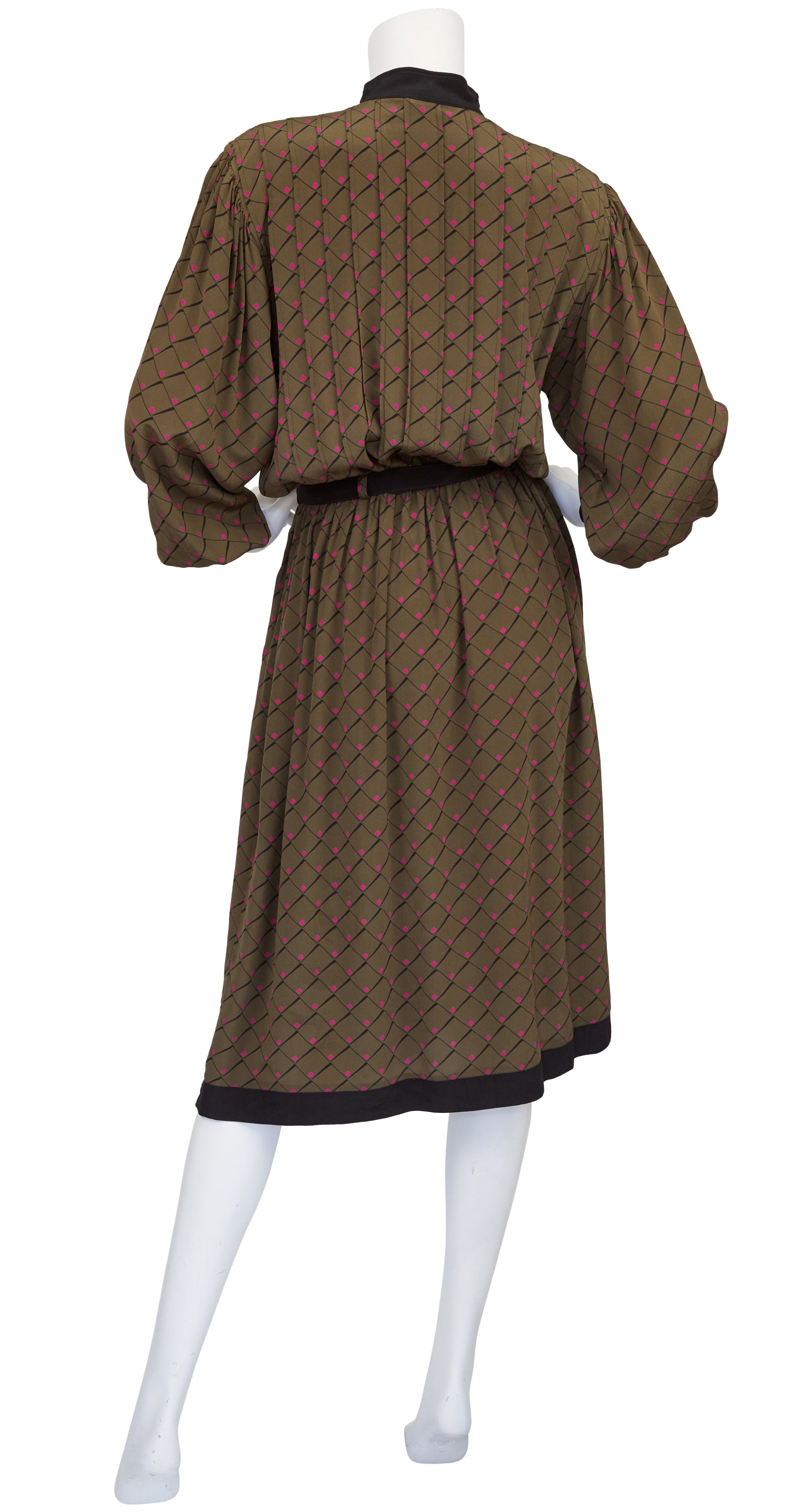 1970s Brown Graphic Silk Dolman Sleeve Shirt Dress