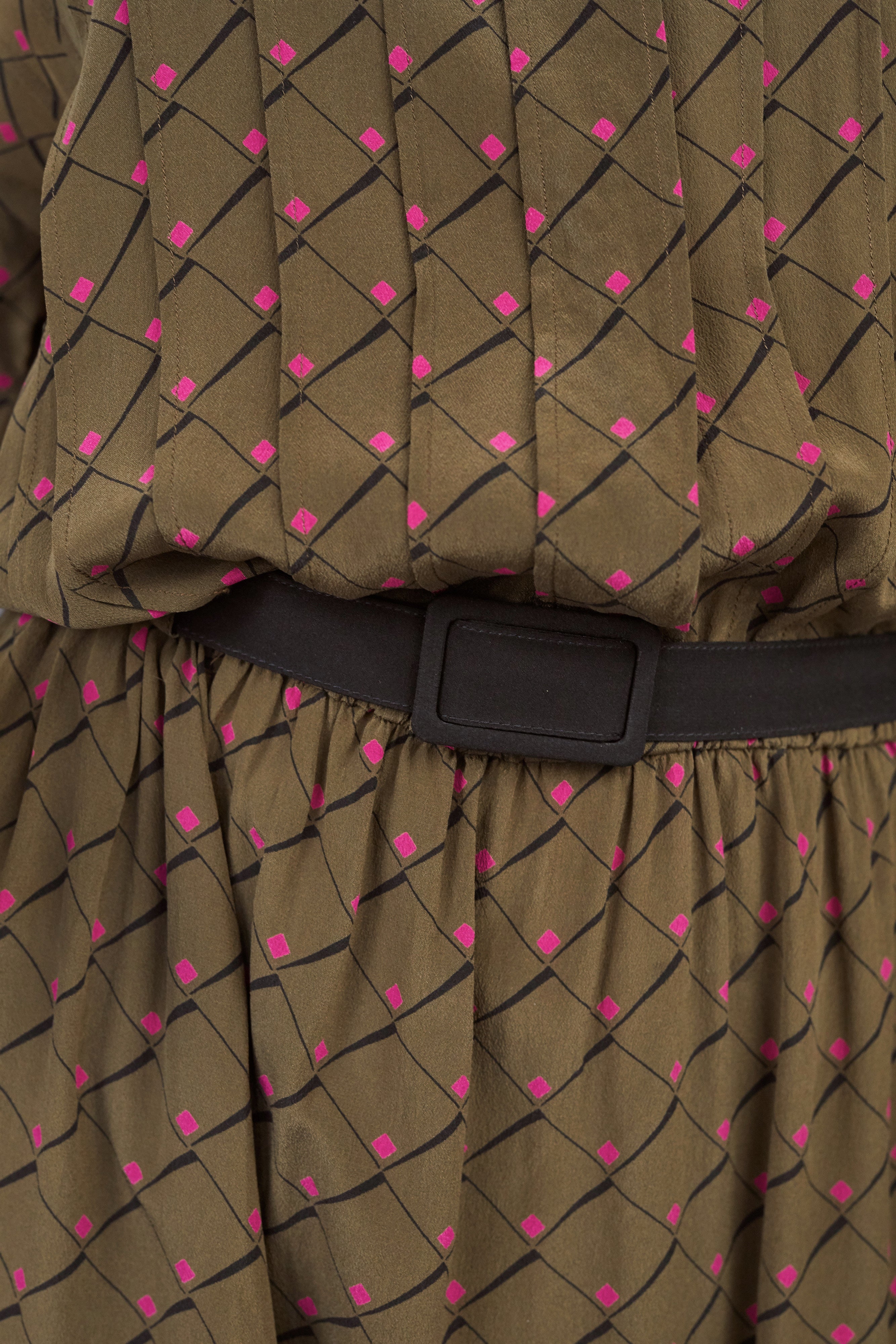 1970s Brown Graphic Silk Dolman Sleeve Shirt Dress