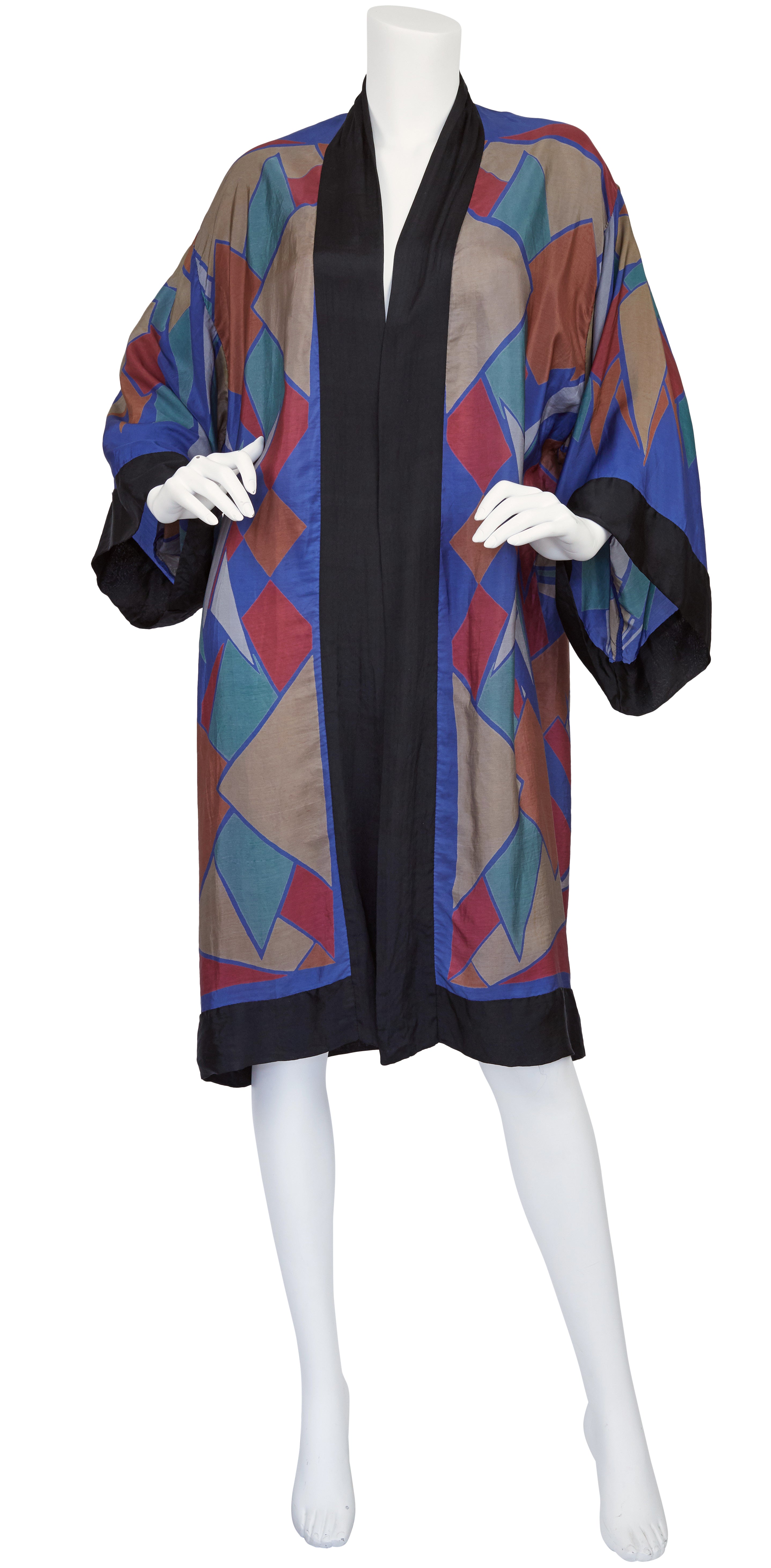 1920s Geometric Art Deco Print Silk Kimono Robe