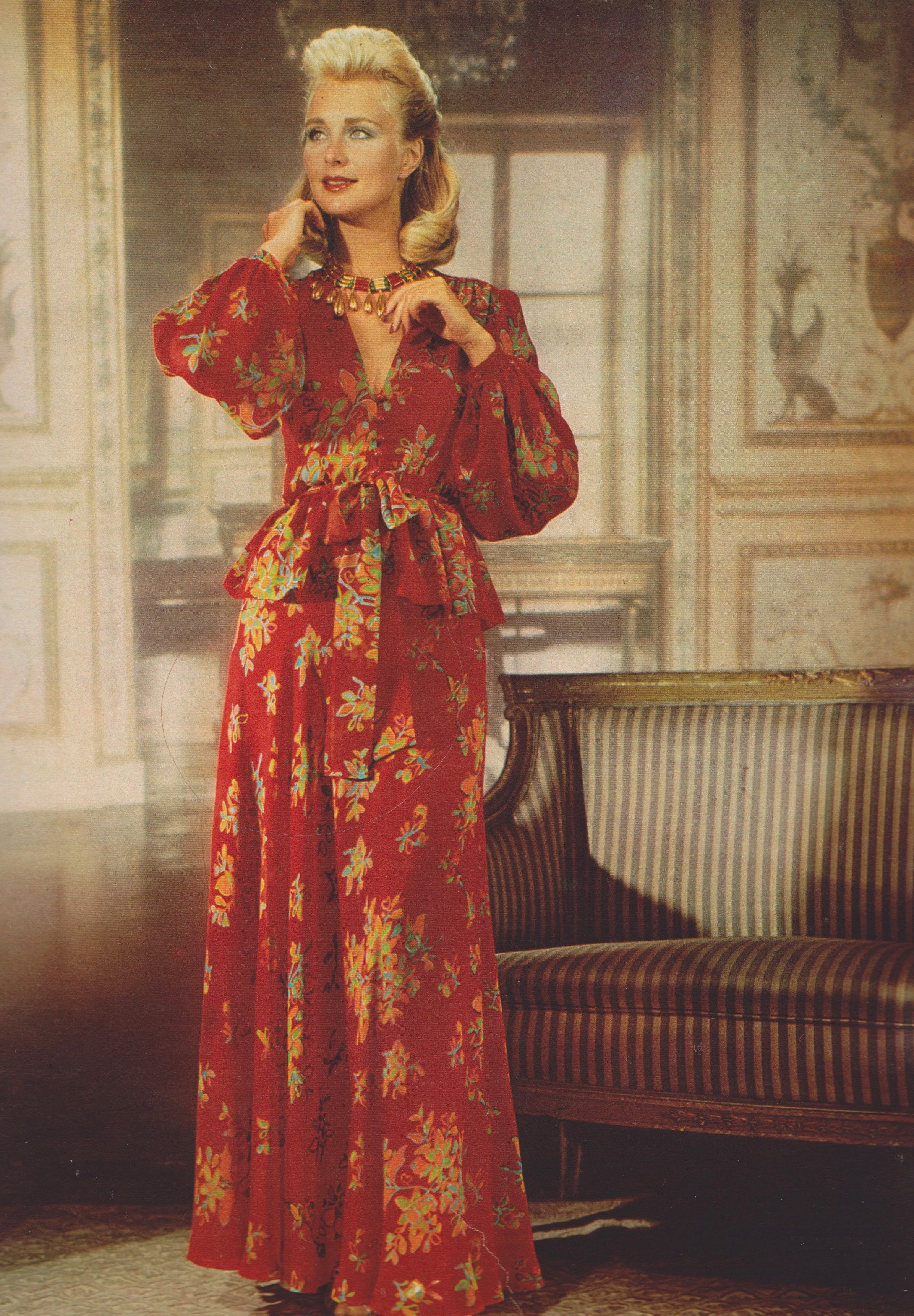 1973 Red Floral Silk Chiffon Harem Pants