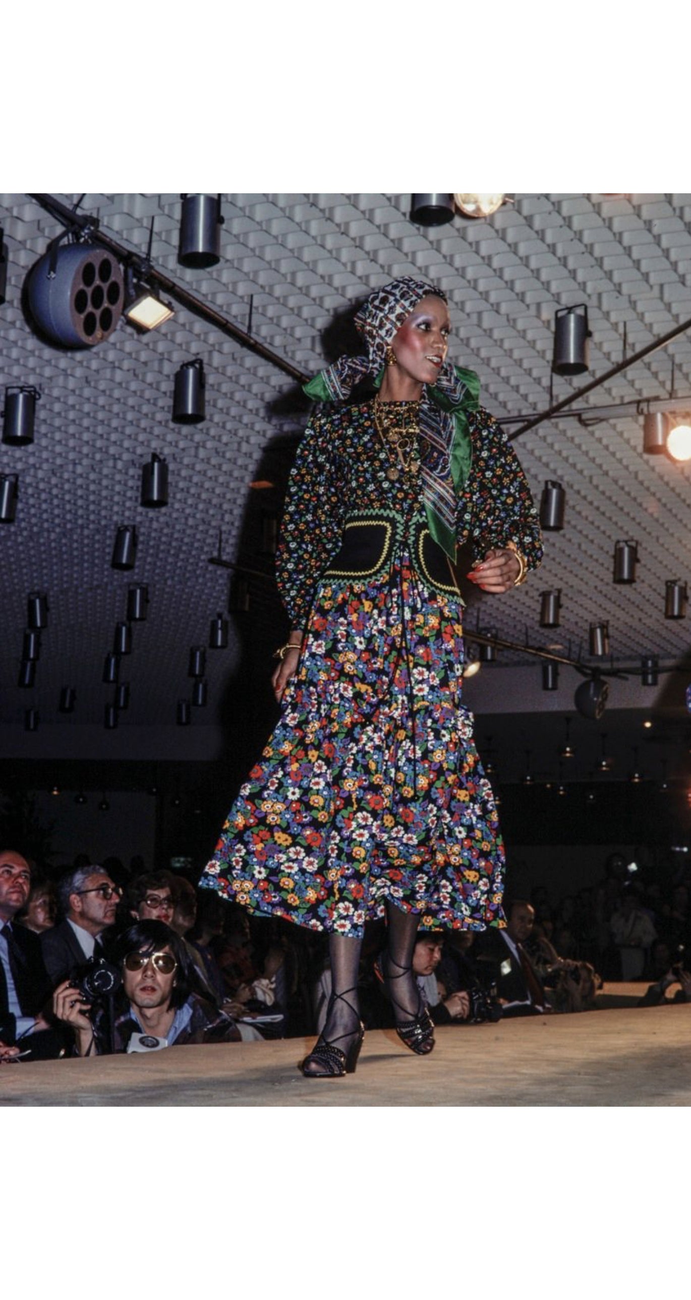 1977 S/S Runway Floral Ruffle Crepe Skirt