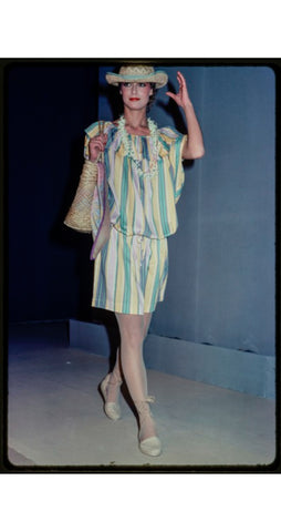 1982 S/S Navy Blue Cotton Jersey Ruffle Collar Blouson Dress