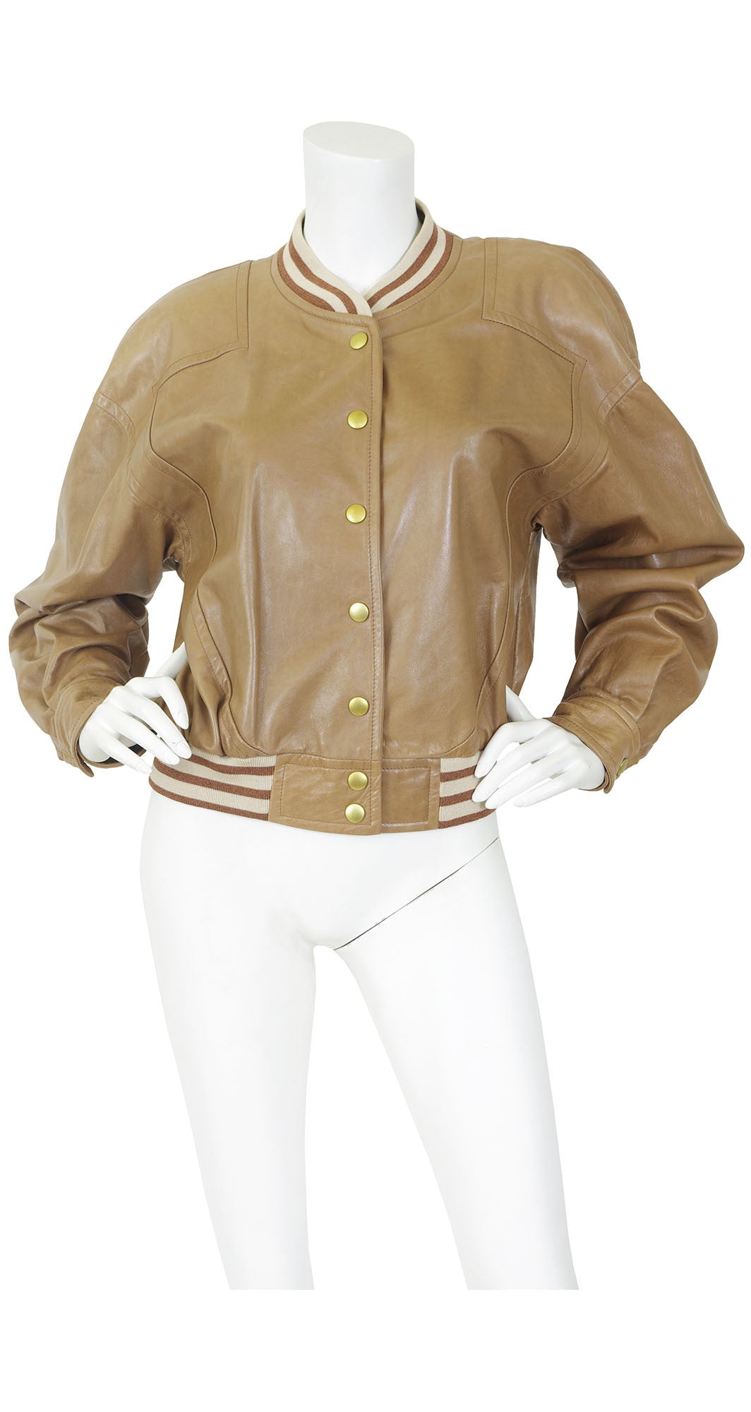 1980s Brown Leather Baseball Jacket w/ Tiger Print Silk Lining