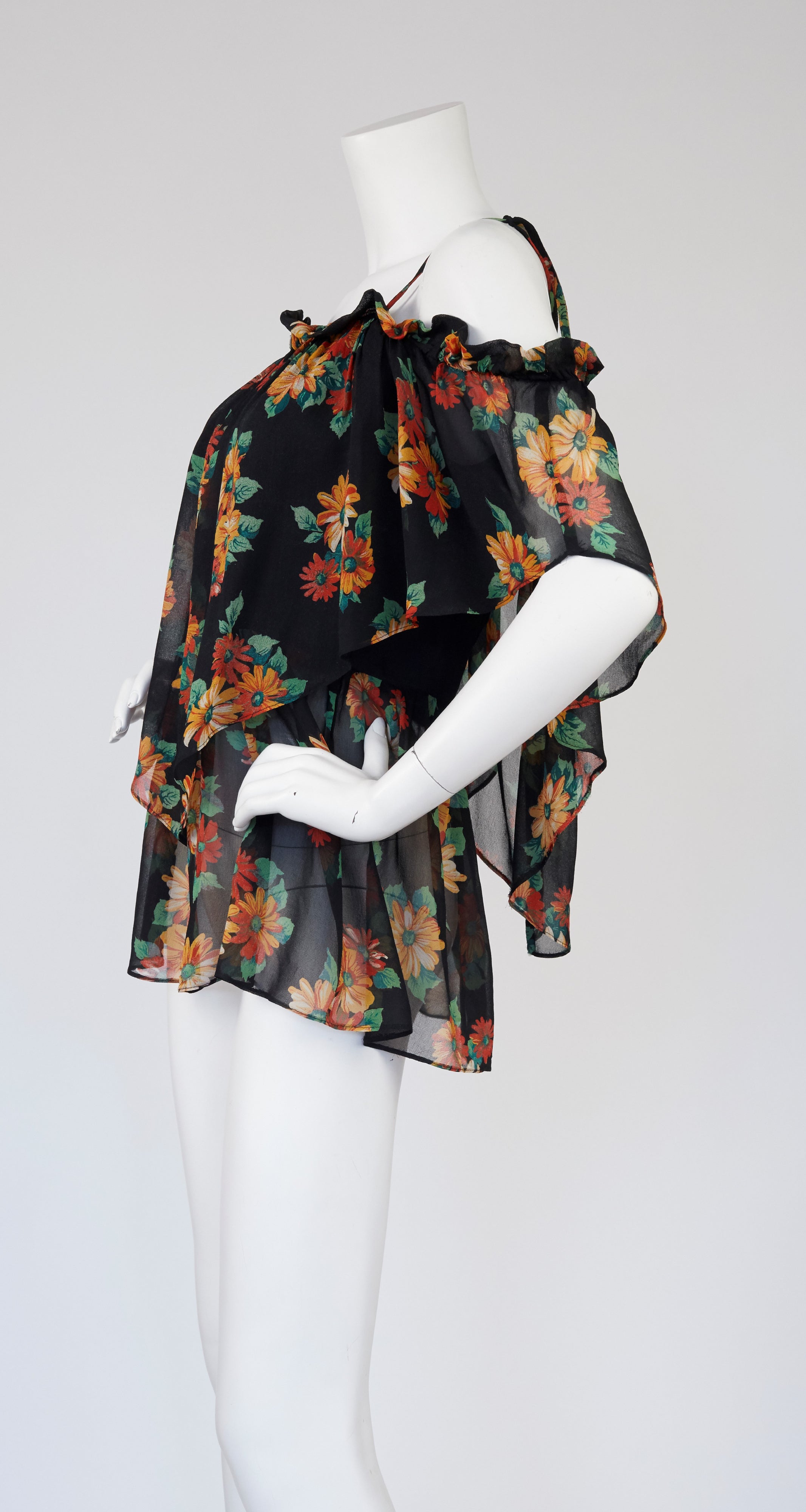 1970s Floral Viscose Chiffon Off-Shoulder Blouse