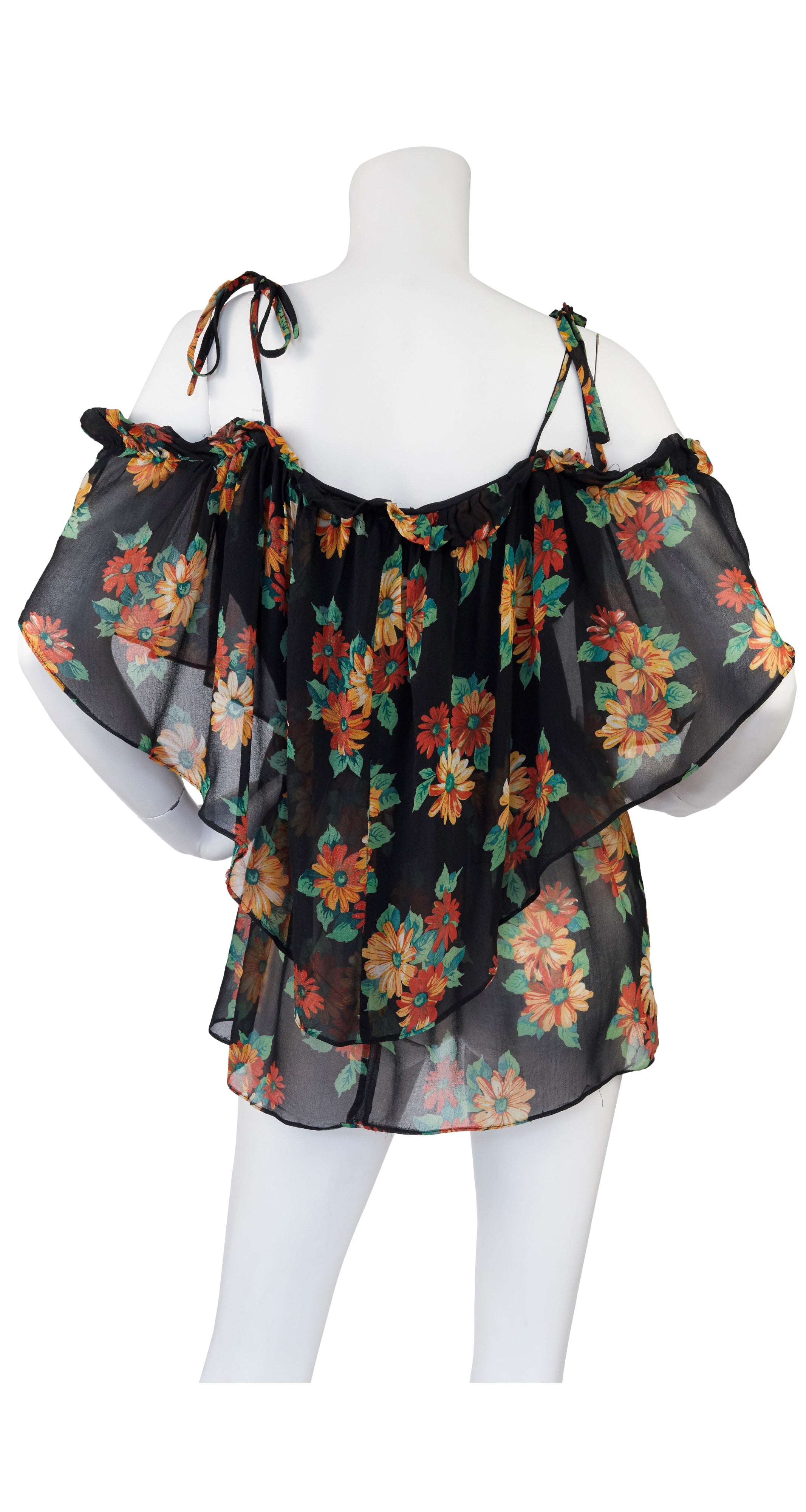 1970s Floral Viscose Chiffon Off-Shoulder Blouse