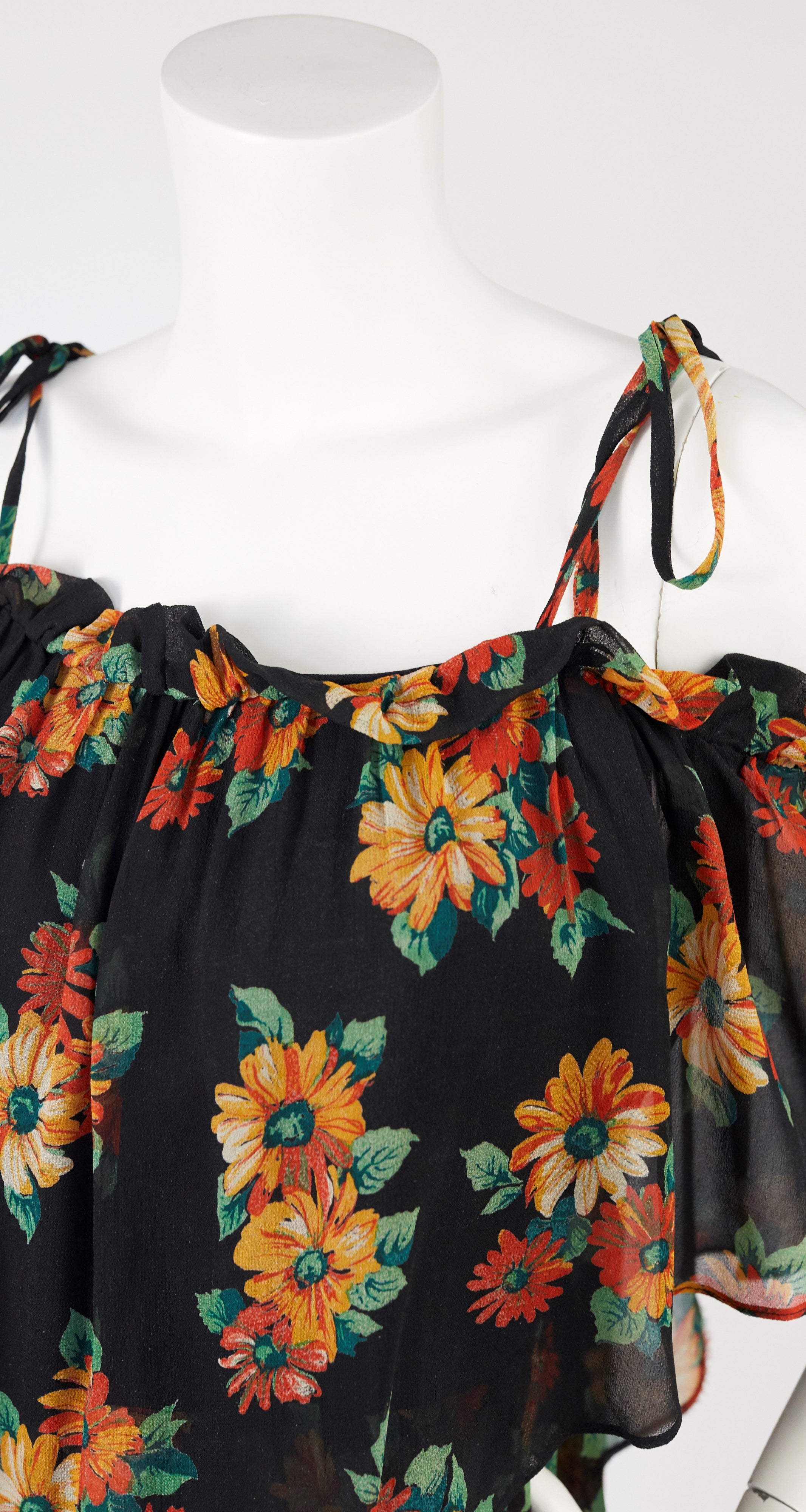 1970s Floral Viscose Chiffon Off-Shoulder Blouse