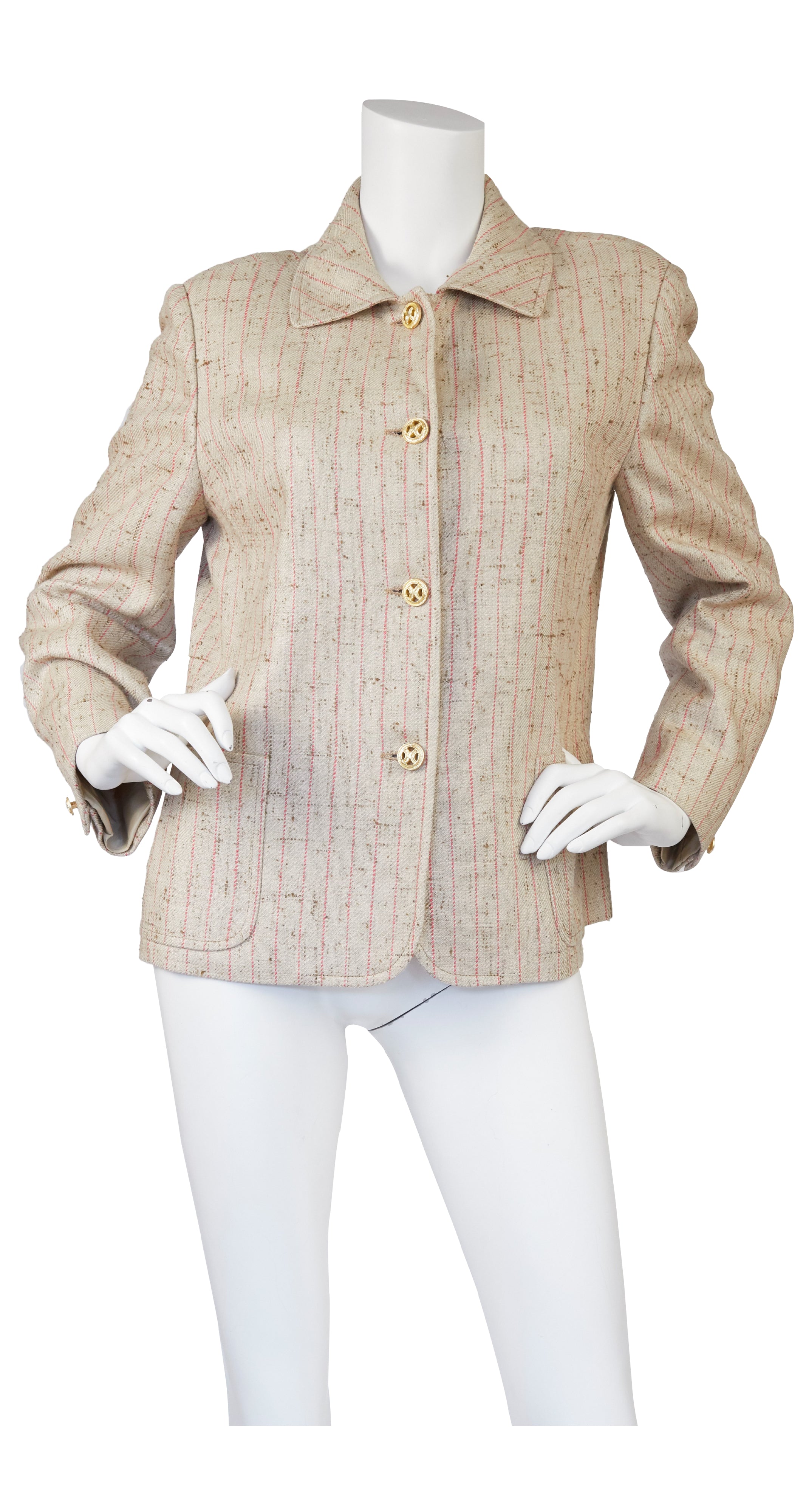 1970s Pinstripe Beige Raw Silk Collared Jacket