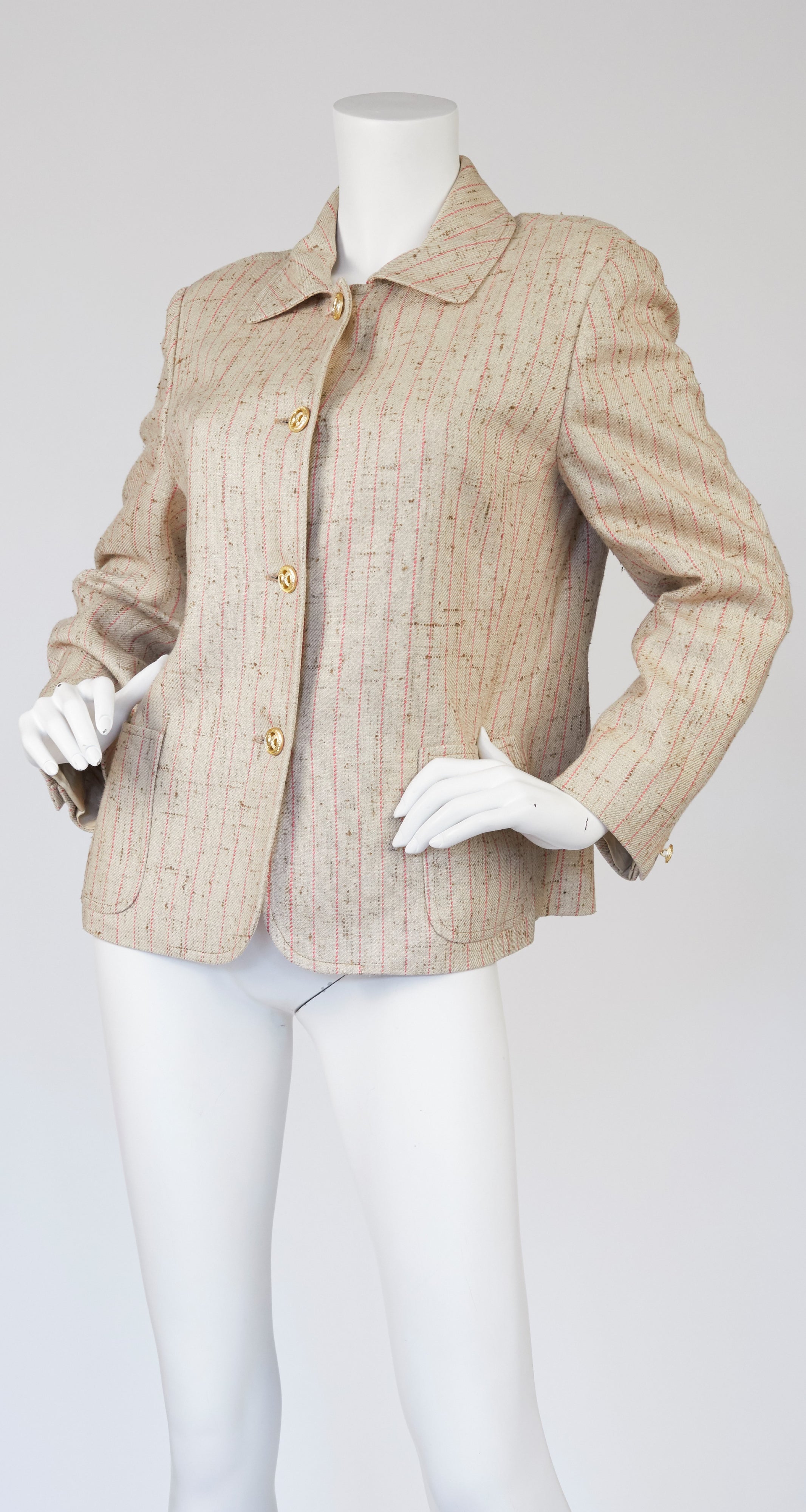 1970s Pinstripe Beige Raw Silk Collared Jacket