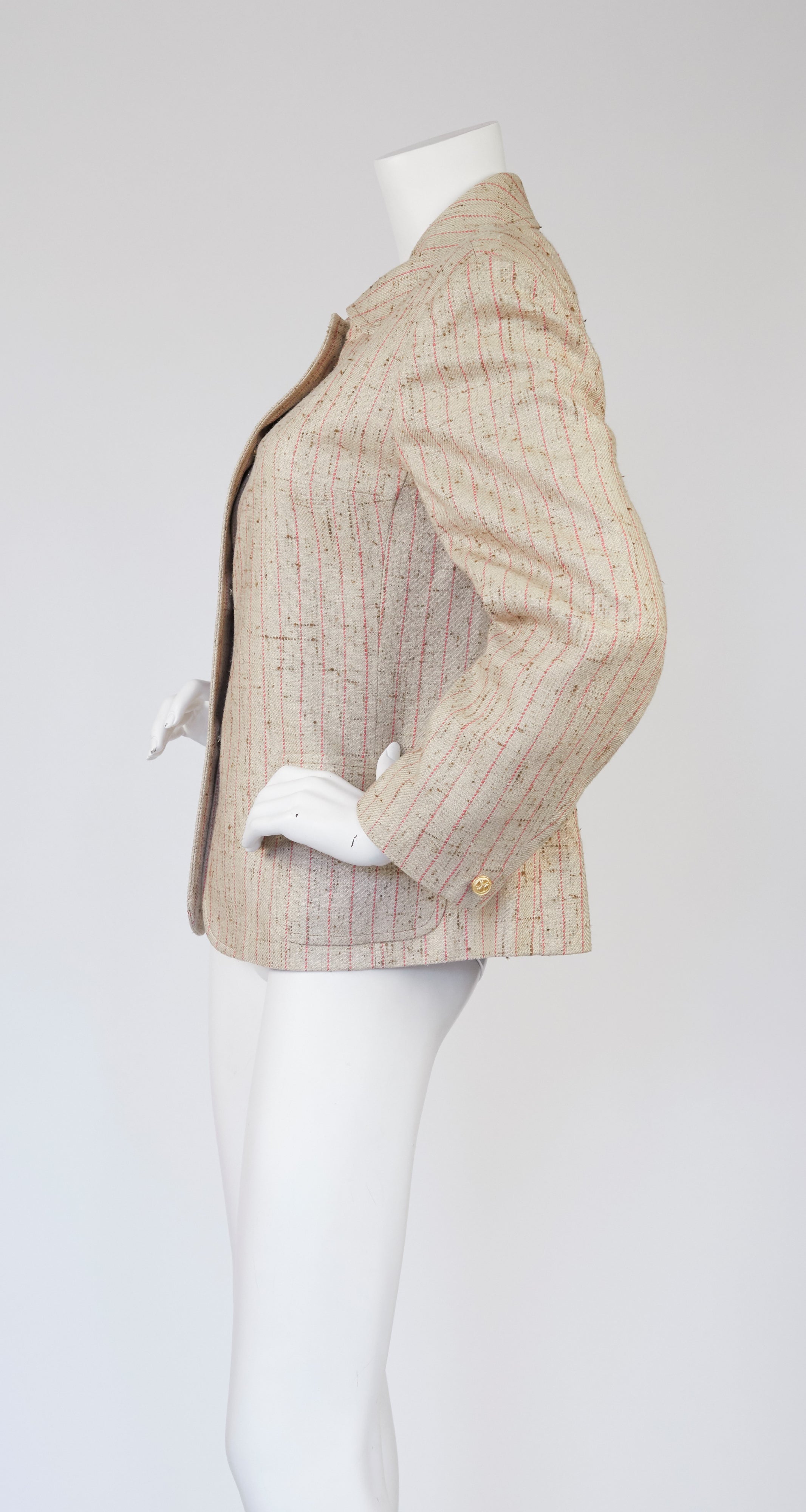 1970s Pinstripe Beige Raw Silk Collared Jacket