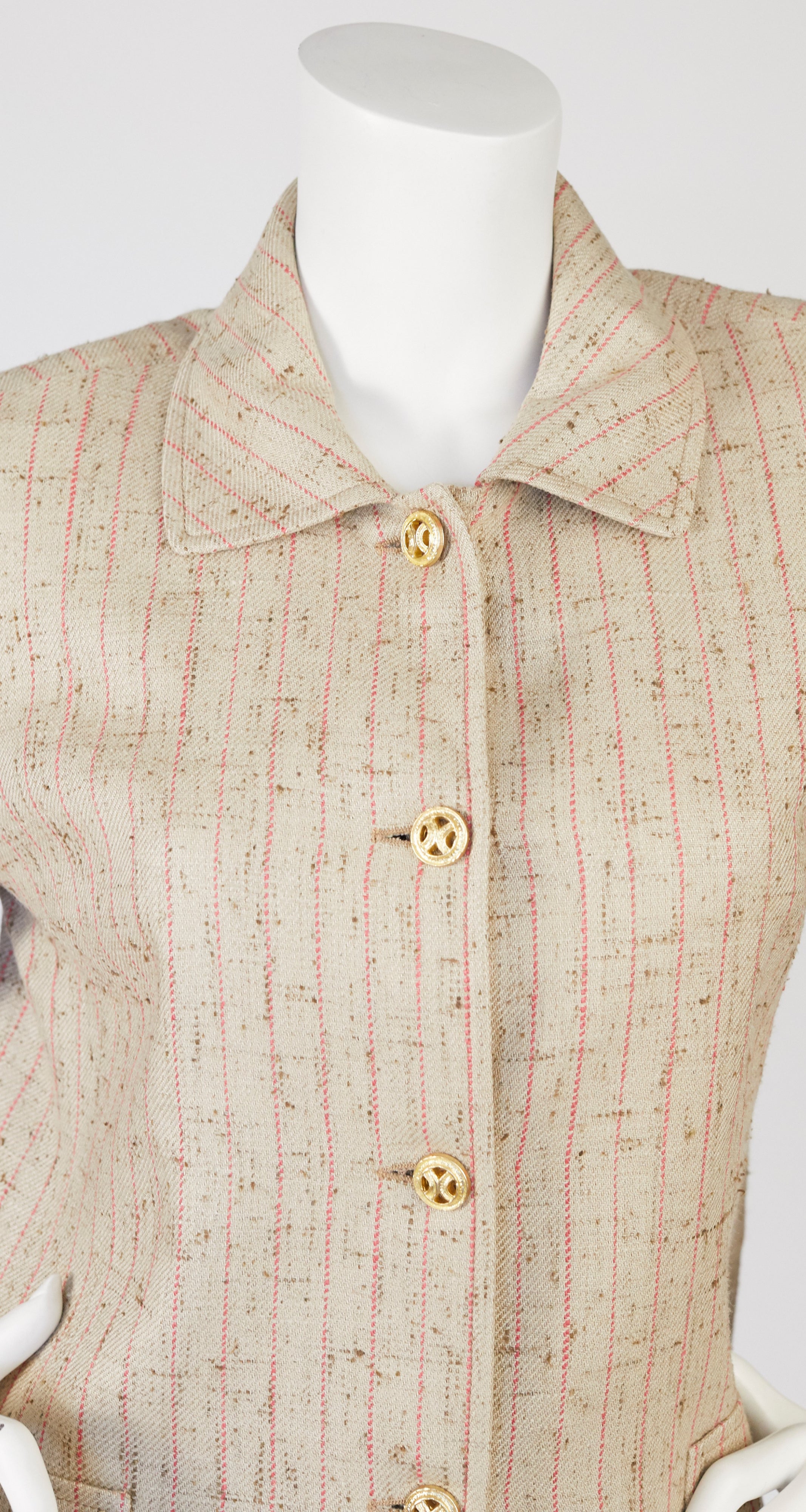 1970s Pinstripe Beige Raw Silk Collared Jacket
