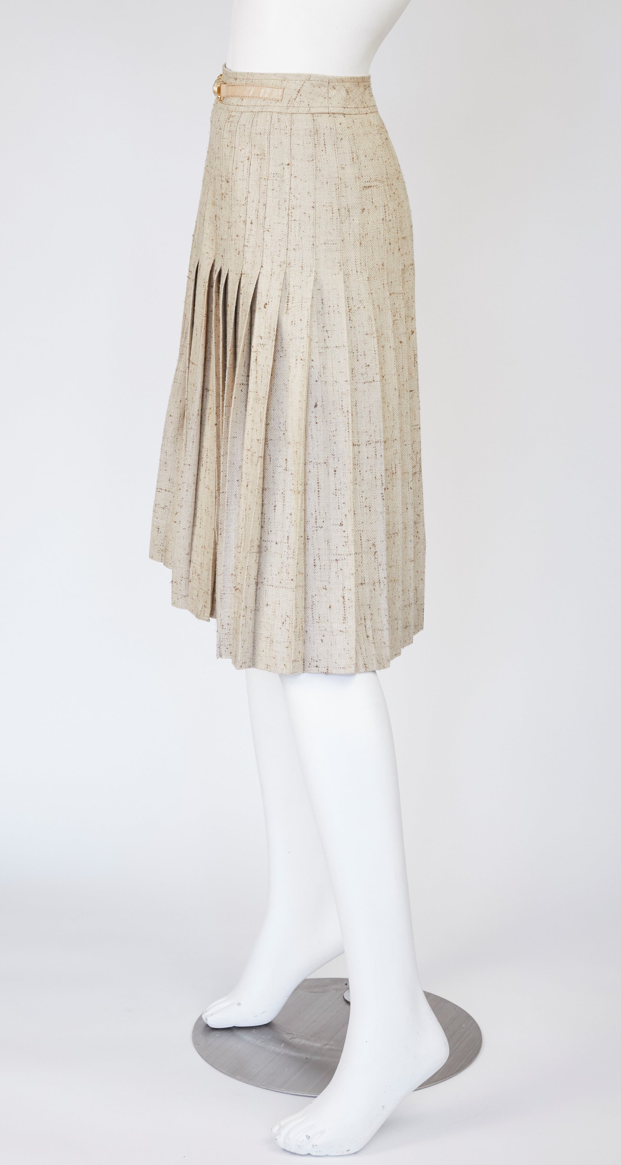 1970s Leather Trim Beige Silk Pleated Skirt