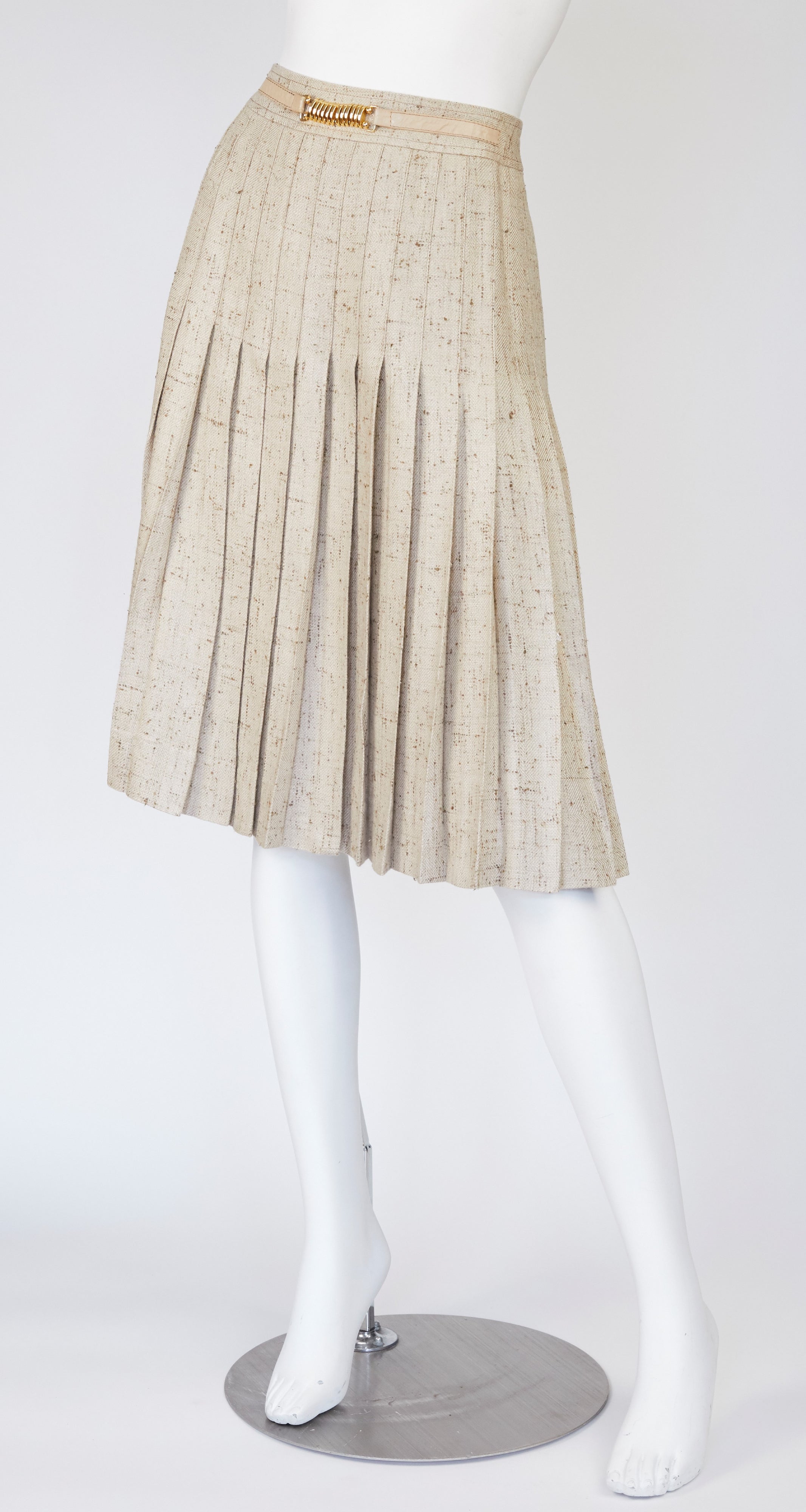 1970s Leather Trim Beige Silk Pleated Skirt