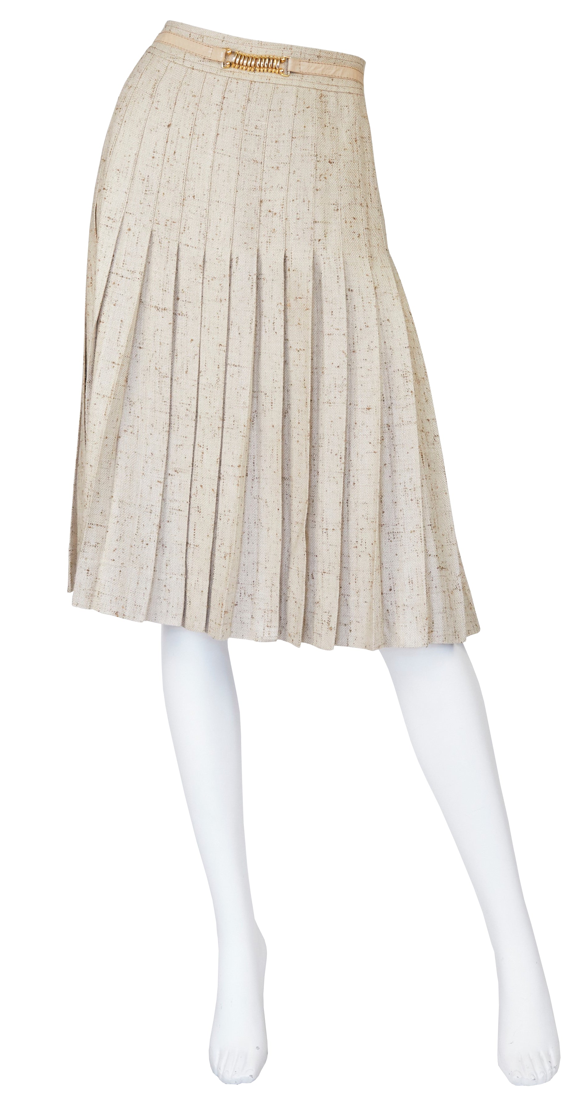 1970s Leather Trim Beige Silk Pleated Skirt