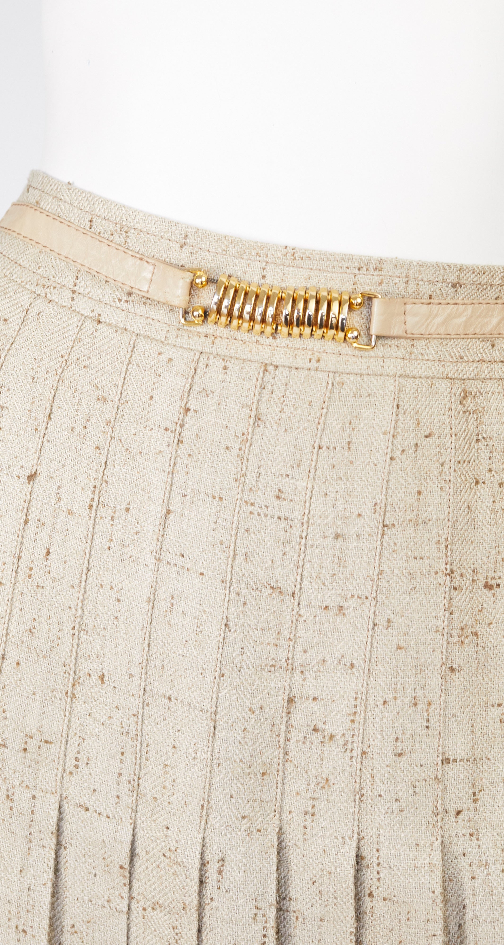 1970s Leather Trim Beige Silk Pleated Skirt