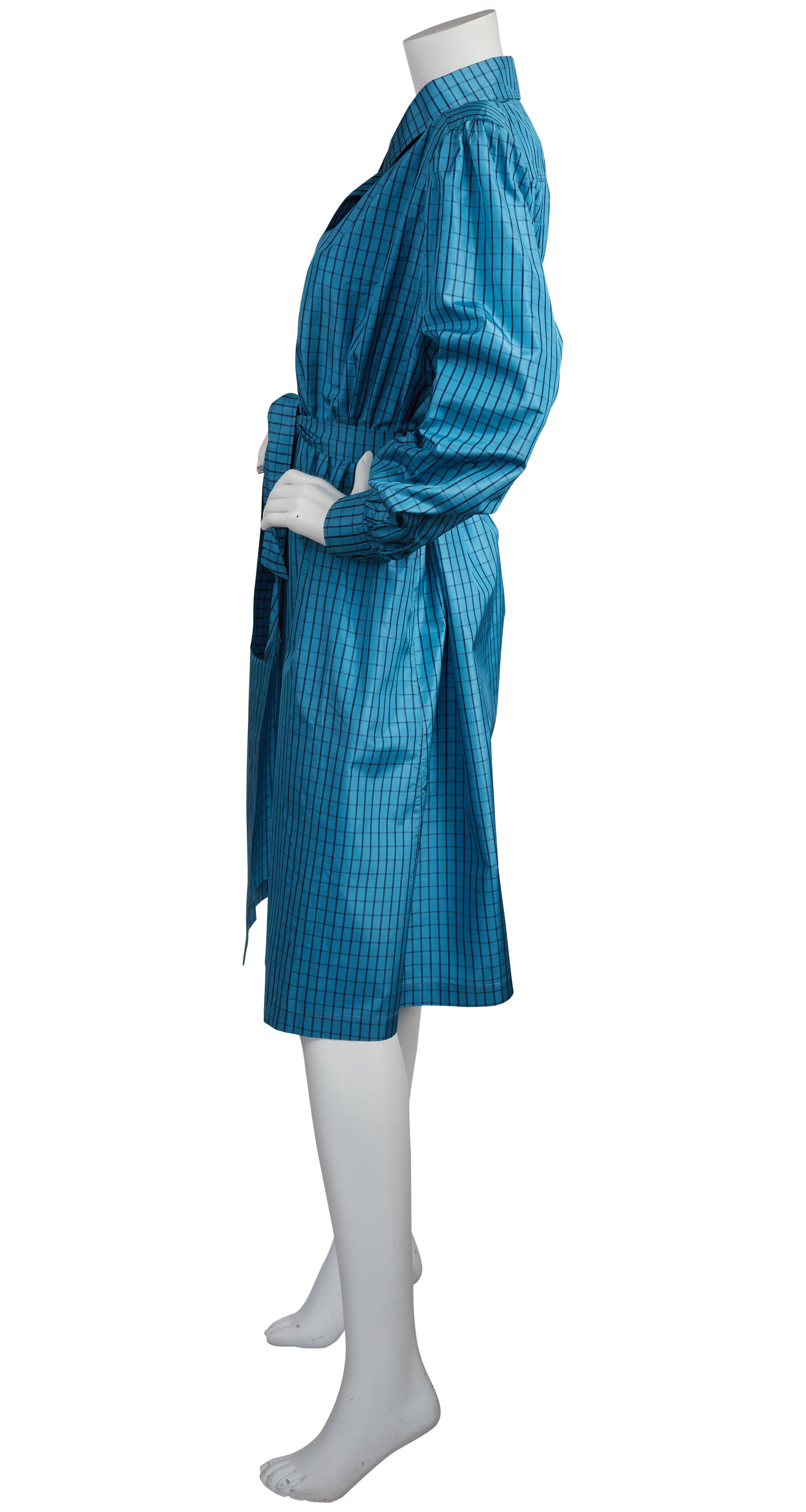 1980s Blue Plaid Silk Trench Coat