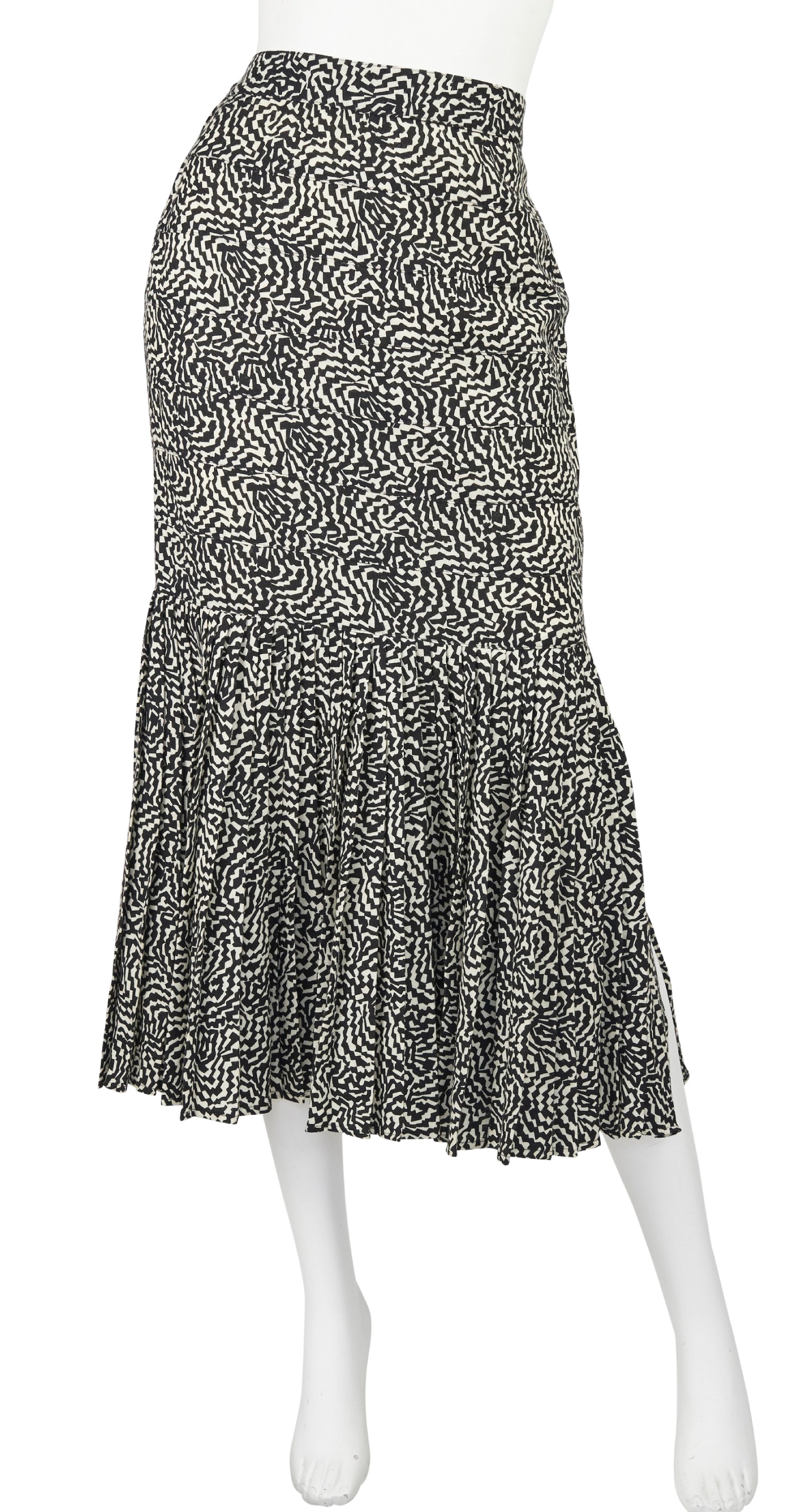 1986 Documented Op-Art Black & Cream Wool Pleated Mermaid Skirt