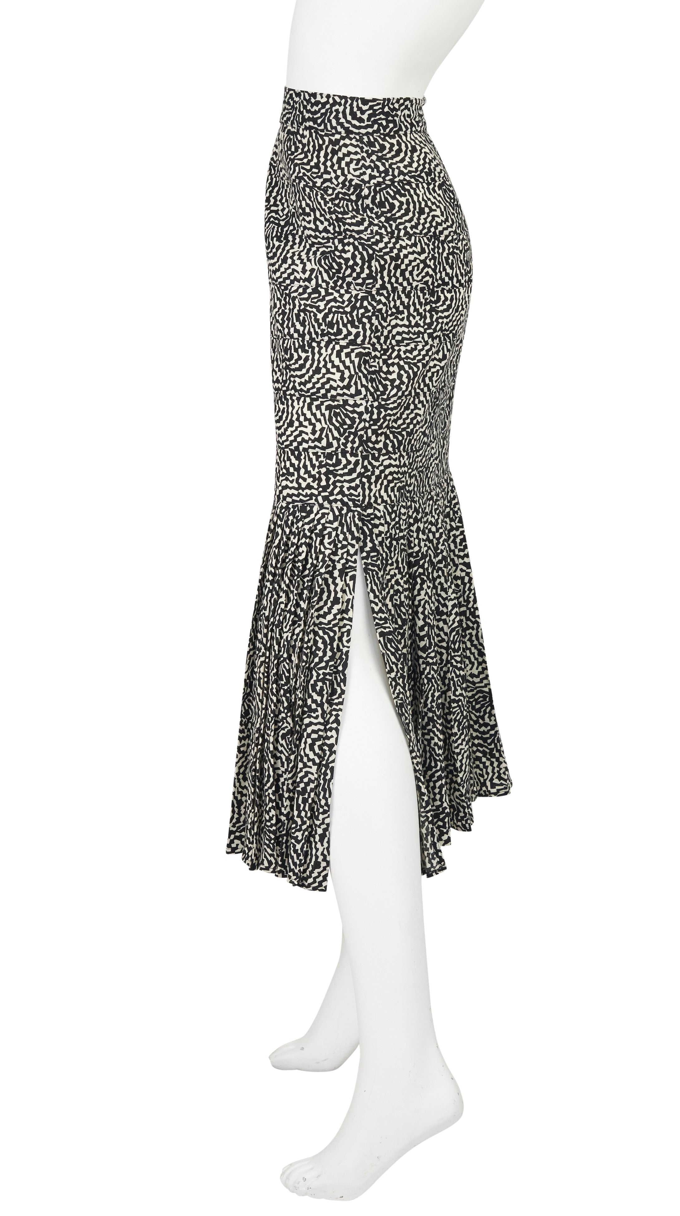 1986 Documented Op-Art Black & Cream Wool Pleated Mermaid Skirt