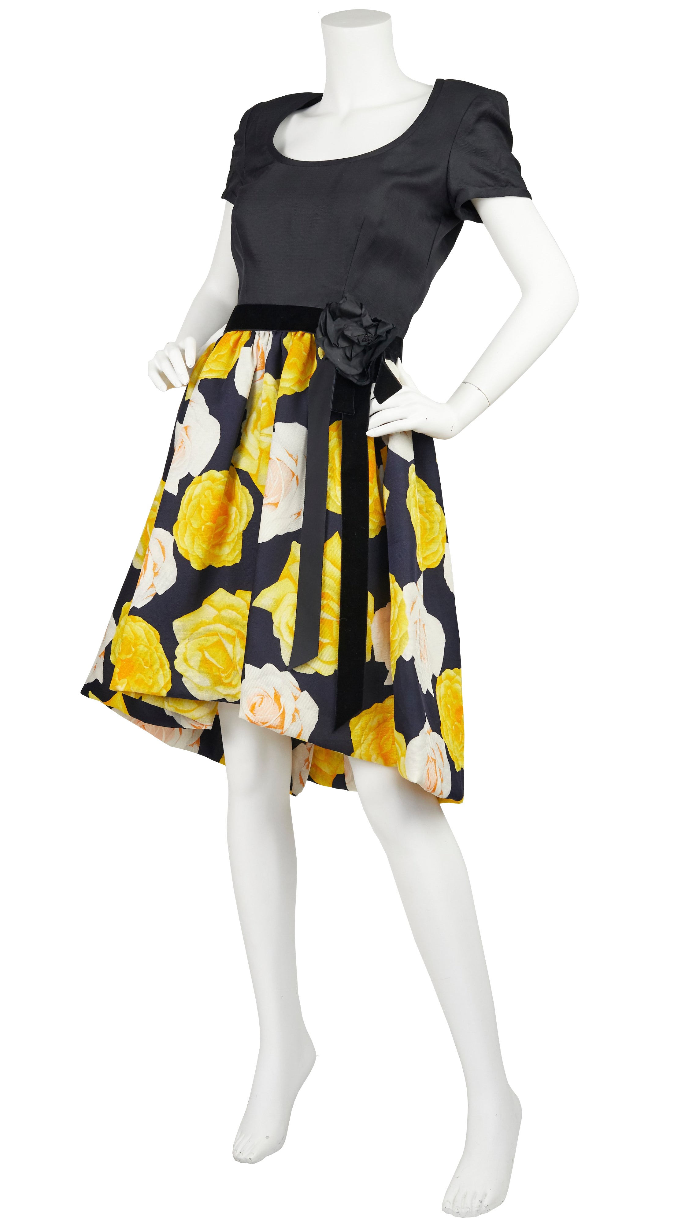 1980s Couture Rose Print Full Skirt Cocktail Dress