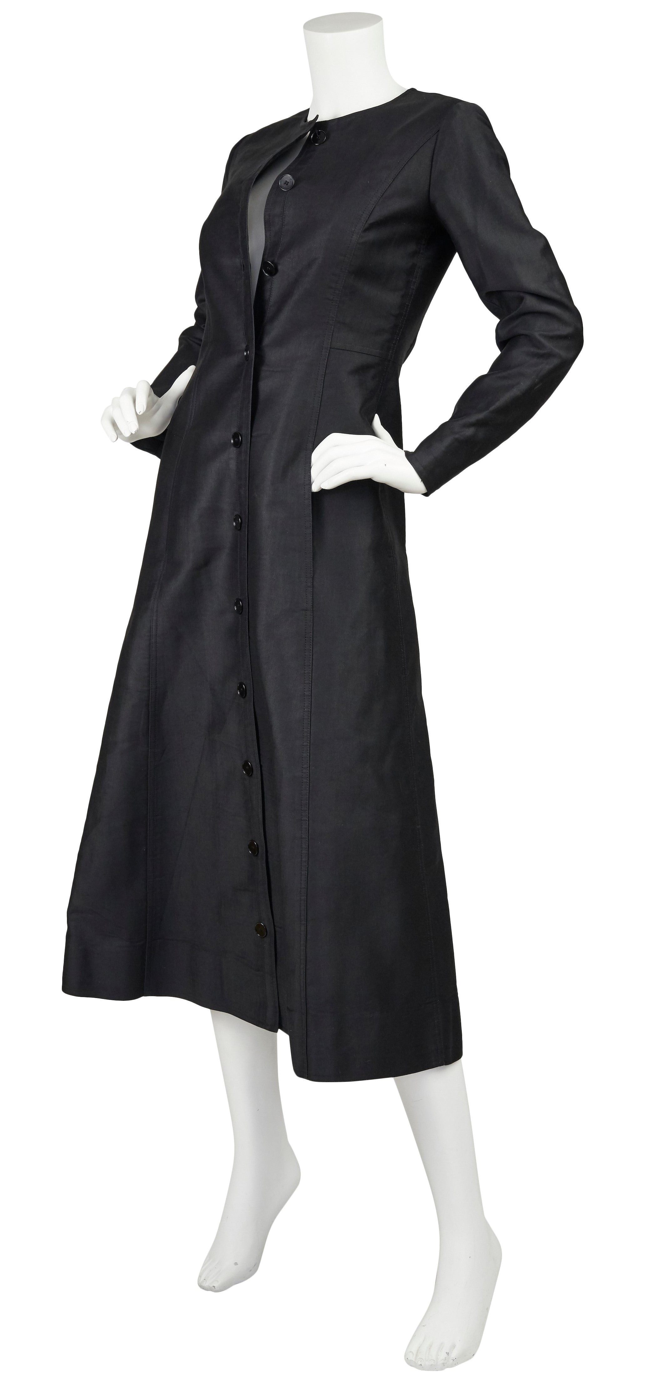 1970 Black Polished Cotton Button Midi Dress