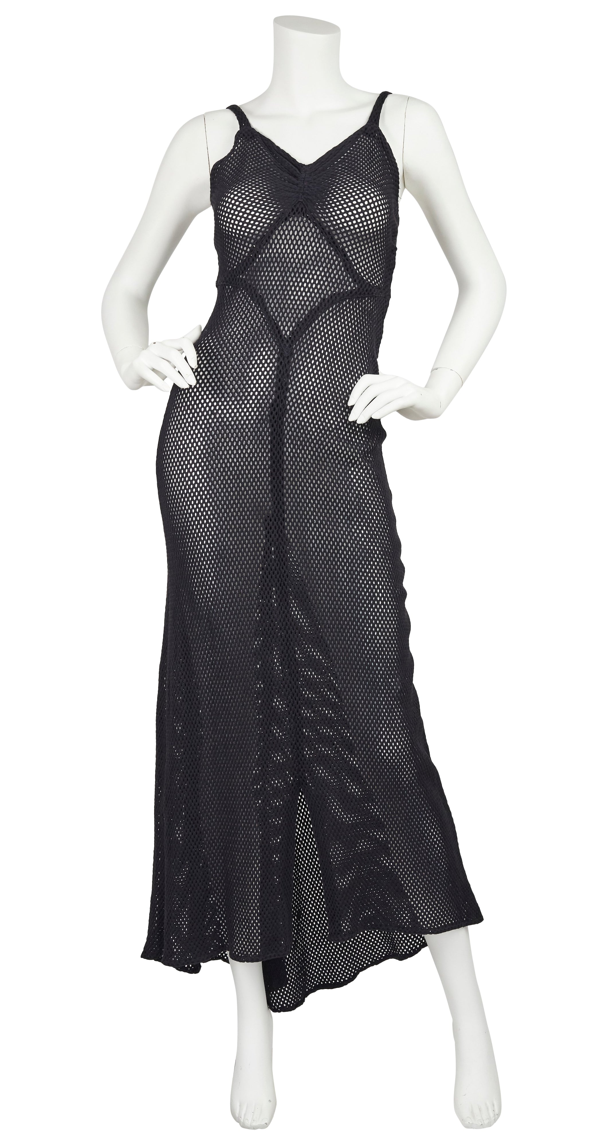 1930s Rare Black Cotton Fishnet Evening Gown
