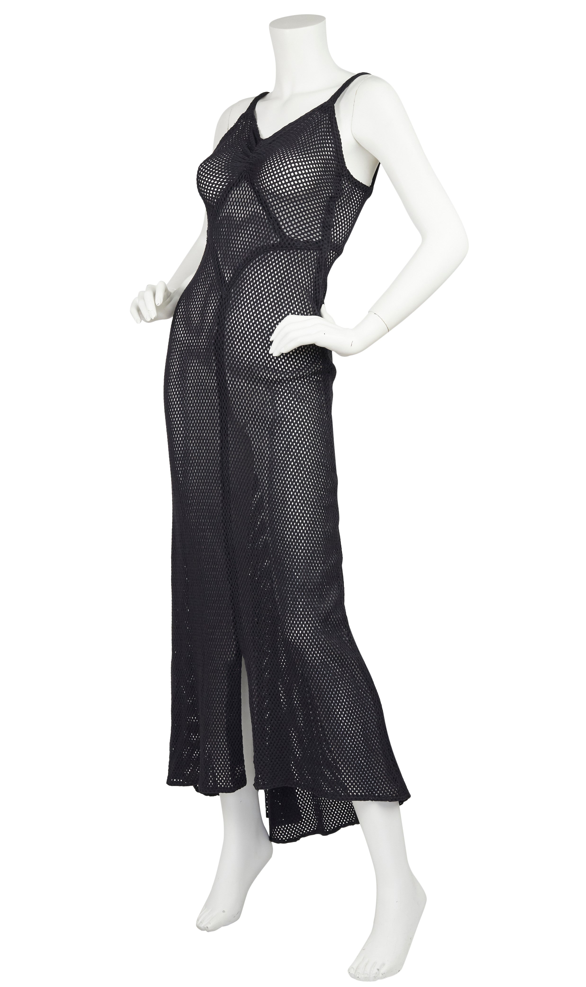 1930s Rare Black Cotton Fishnet Evening Gown